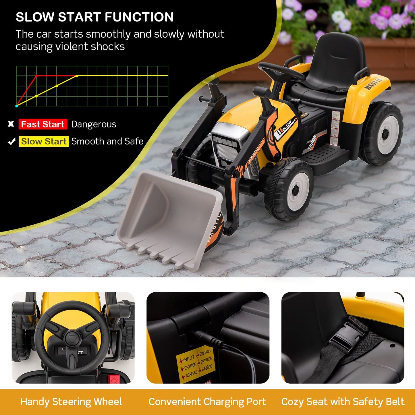 Honey Joy Ride On Excavator, 12V Kids Bulldozer Ride On Car W/Remote Control, Electric Construction Vehicle For Kids Digger, 3 Speeds, Adjustable Digging Bucket, Ride On Tractor For Boys Girls(Yellow)