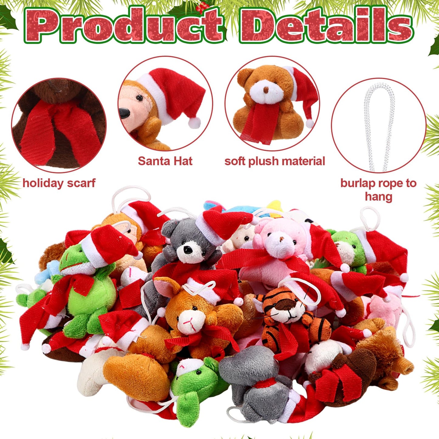Poen 200 Pcs Mini Christmas Stuffed Animals Bulk Mini Plush Christmas Tree Hanging Decorations Plush Key Chain Animal Toy Set Sm
