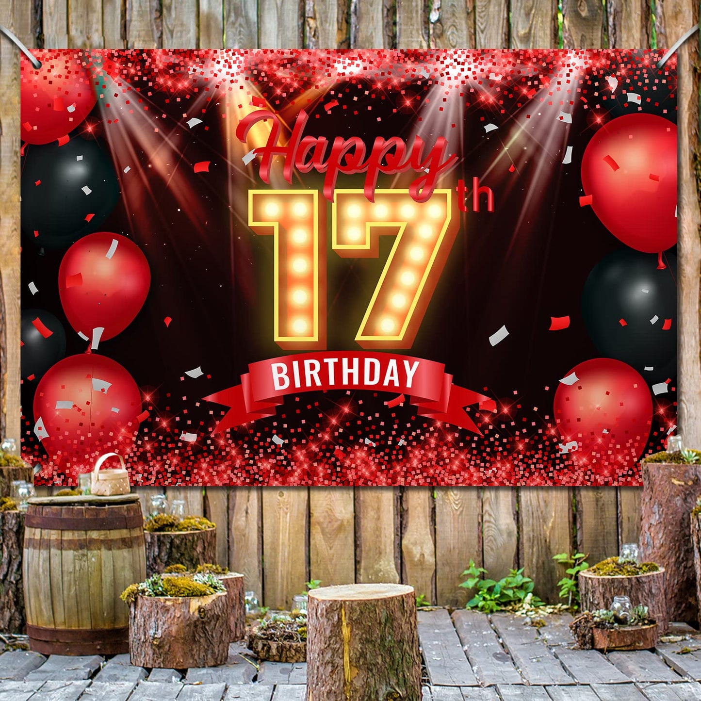 Happy 17Th Birthday Banner Backdrop Red And Black 17 Years Old Background Bday Decorations For Girls Boys Photography Party Supplies Glitter