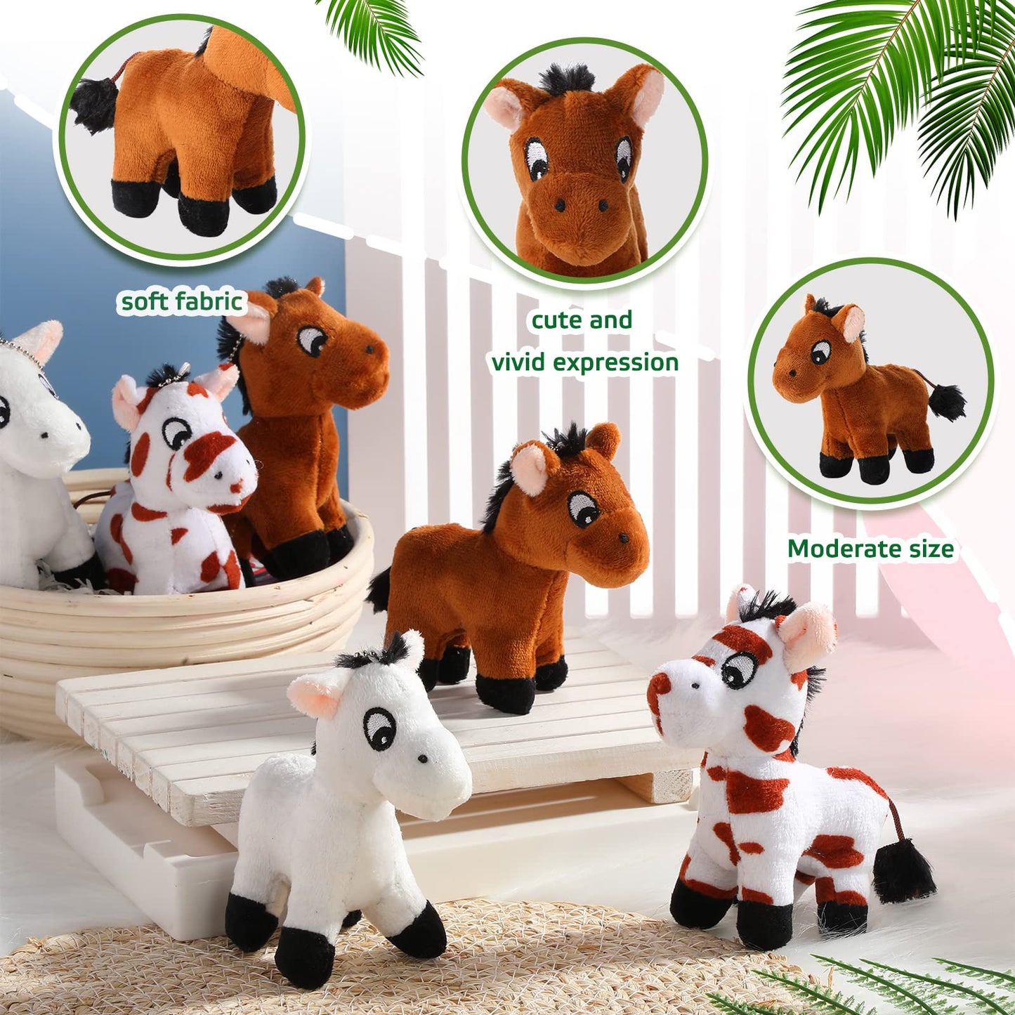 Zomiboo 9 Pack Horse Stuffed Animals Plush Toy Standing Stuffed Horse 4 Inch Mini Plush With Detachable Chain For Animal Theme Party Birthday Decoration Supplies(Cute Style)