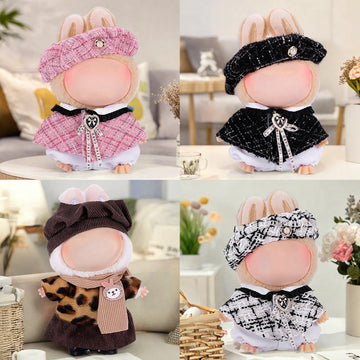 4pcs Handmade 15cm/17cm Doll Clothes Outfit for Labubu Accessories (No Doll) enhanced Clothes Set with Hat Shwal Pants & Bag Cute Fashion Clothes for Girls Boys Collectors (Black/White) AK054GY