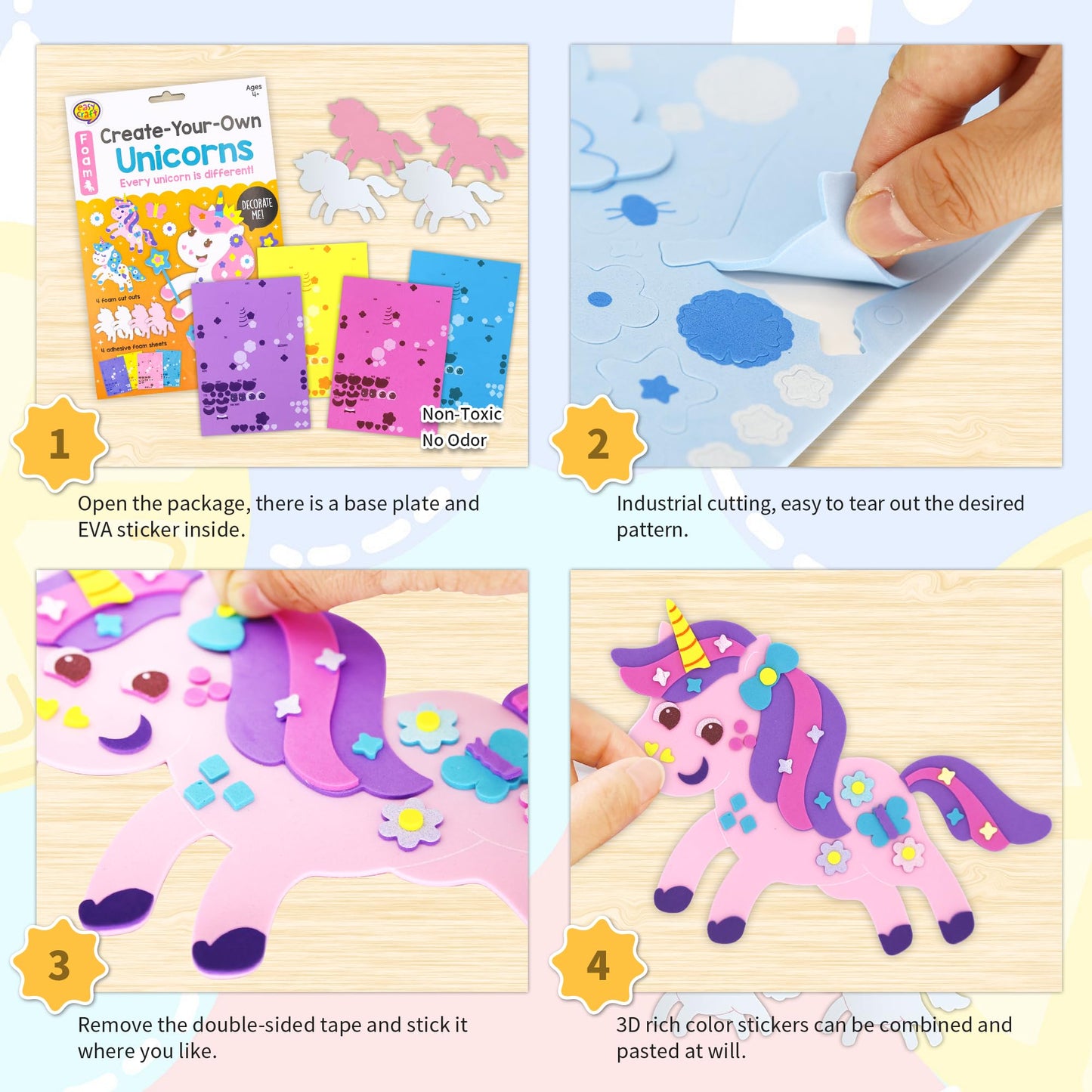 Vkpi 4 Pieces Eva Foam Art Crafts Gift Kit, Make Create Your Own Unicorns, Cartoon Foam Paper Craft Projects For Kids Ages 4+ To