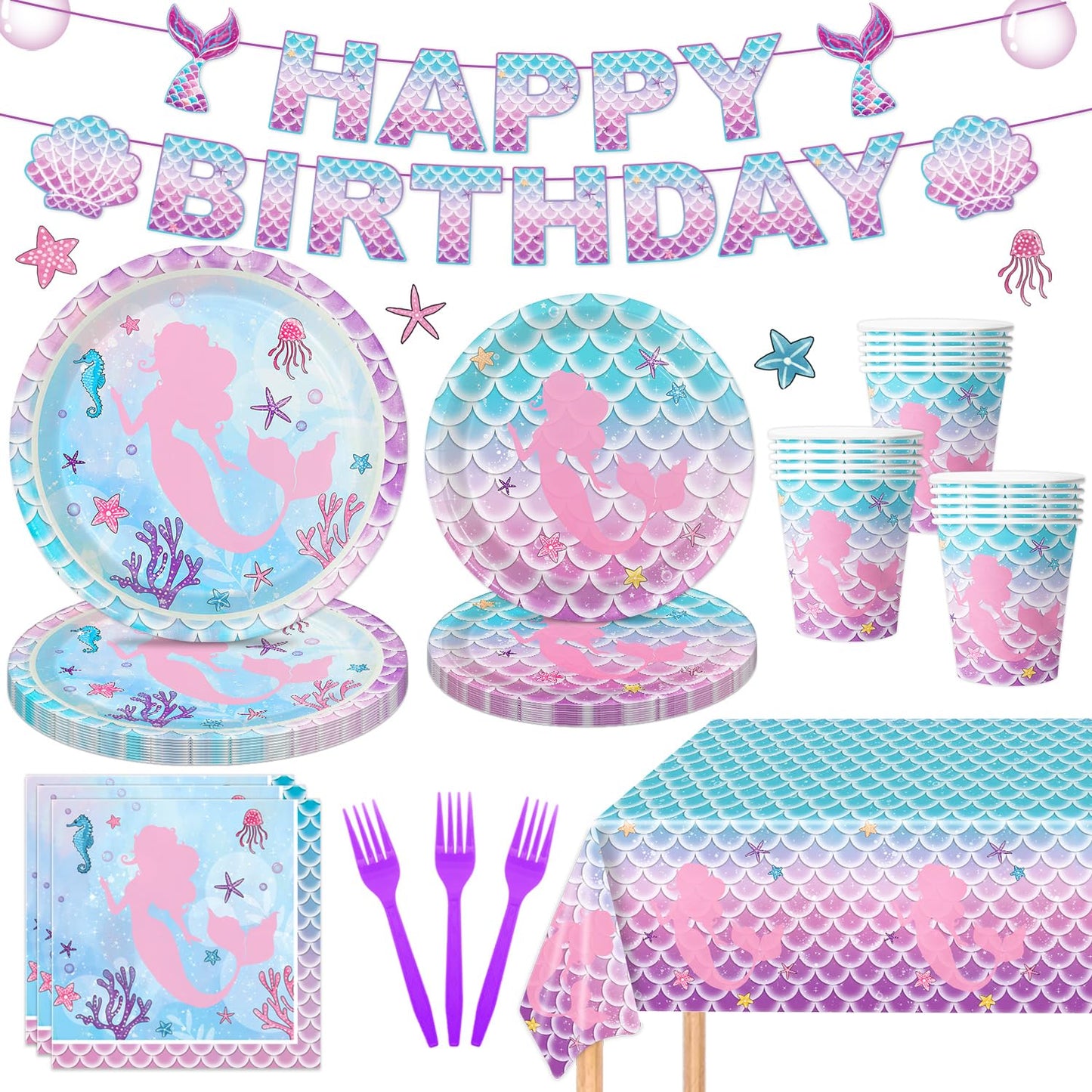 122Pcs Mermaid Birthday Party Supplies Mermaid Party Decorations Set Includes Plates, Napkins, Forks, Cups, Tablecloth, Banner F