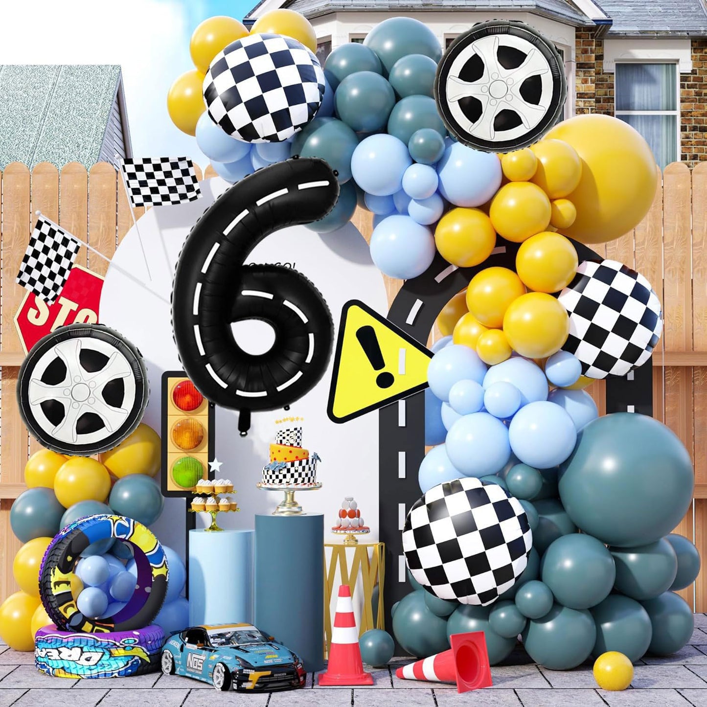 Race Car Birthday Balloons Decorations, 40 Inch Racetrack Black Number 6 Balloon, Large Mylar Black 6 Balloon For 6St Birthday R