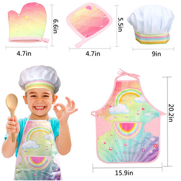 Giftrrtoy Real Kids Cooking And Baking Set - 26 Pcs Kids Chef Role Play Costume Set Includes Rainbow Apron, Chef Hat, Cooking Mi