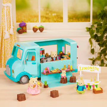 Li’l Woodzeez Honeysuckle Sweet & Treats Playset - 107 Pcs Food Truck & Pretend Play Food for Kids 3+ - Cat Family with Storybook