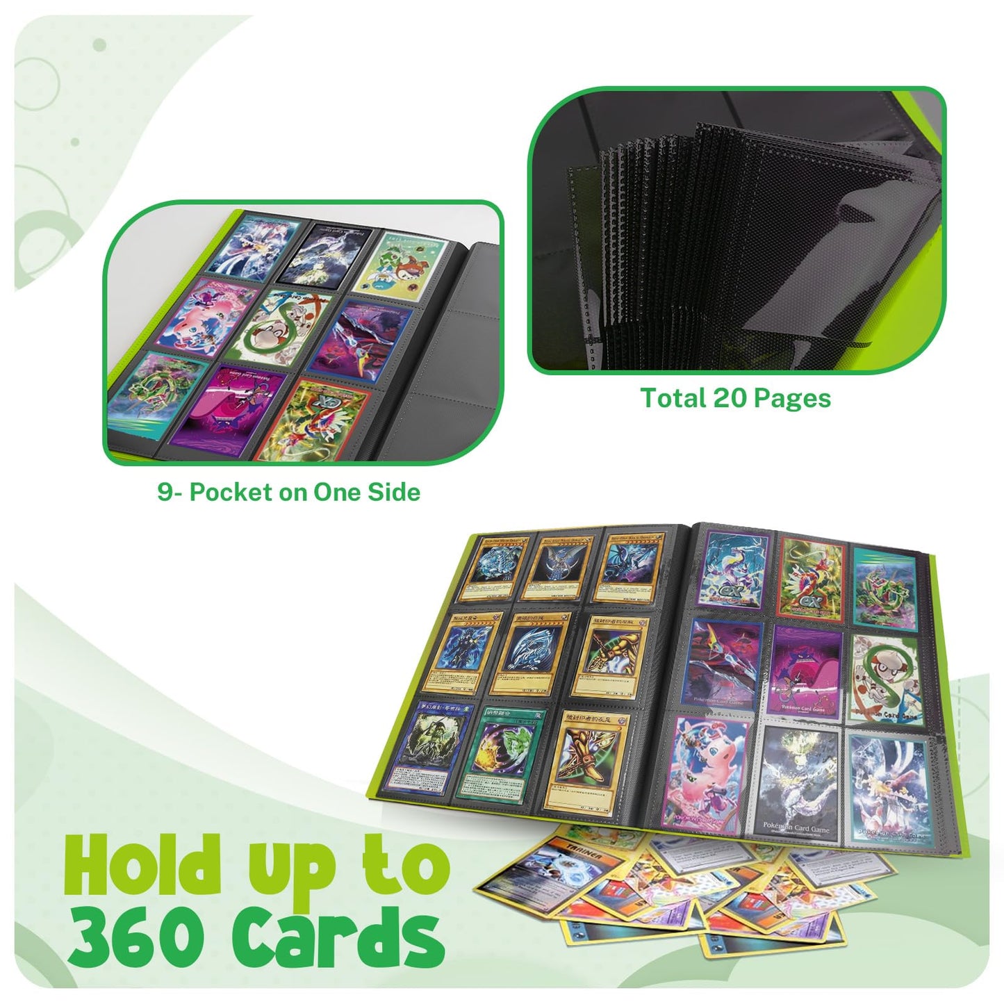 Card Binder 9 Pocket Trading Card Album Folder 20 Pages 360 Card Capacity Sports Card Binder enhanced Card Binders Compatible with MTG TCG Baseball Cards (Green Grass)