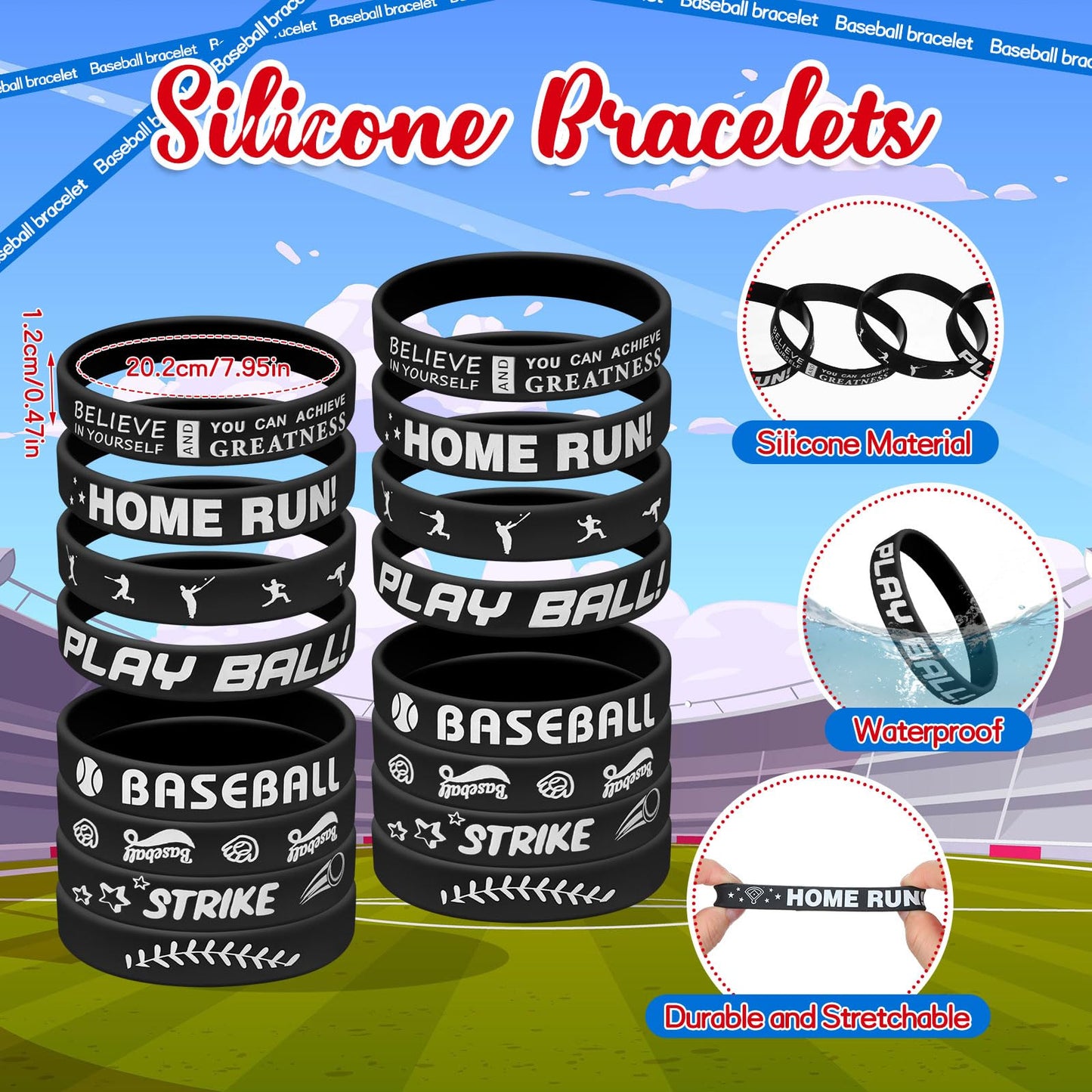 Shappy 200 Pcs Silicone Baseball Bracelets Rubber Motivational Bracelets Inspirational Baseball Wristbands with Quotes Motivatio