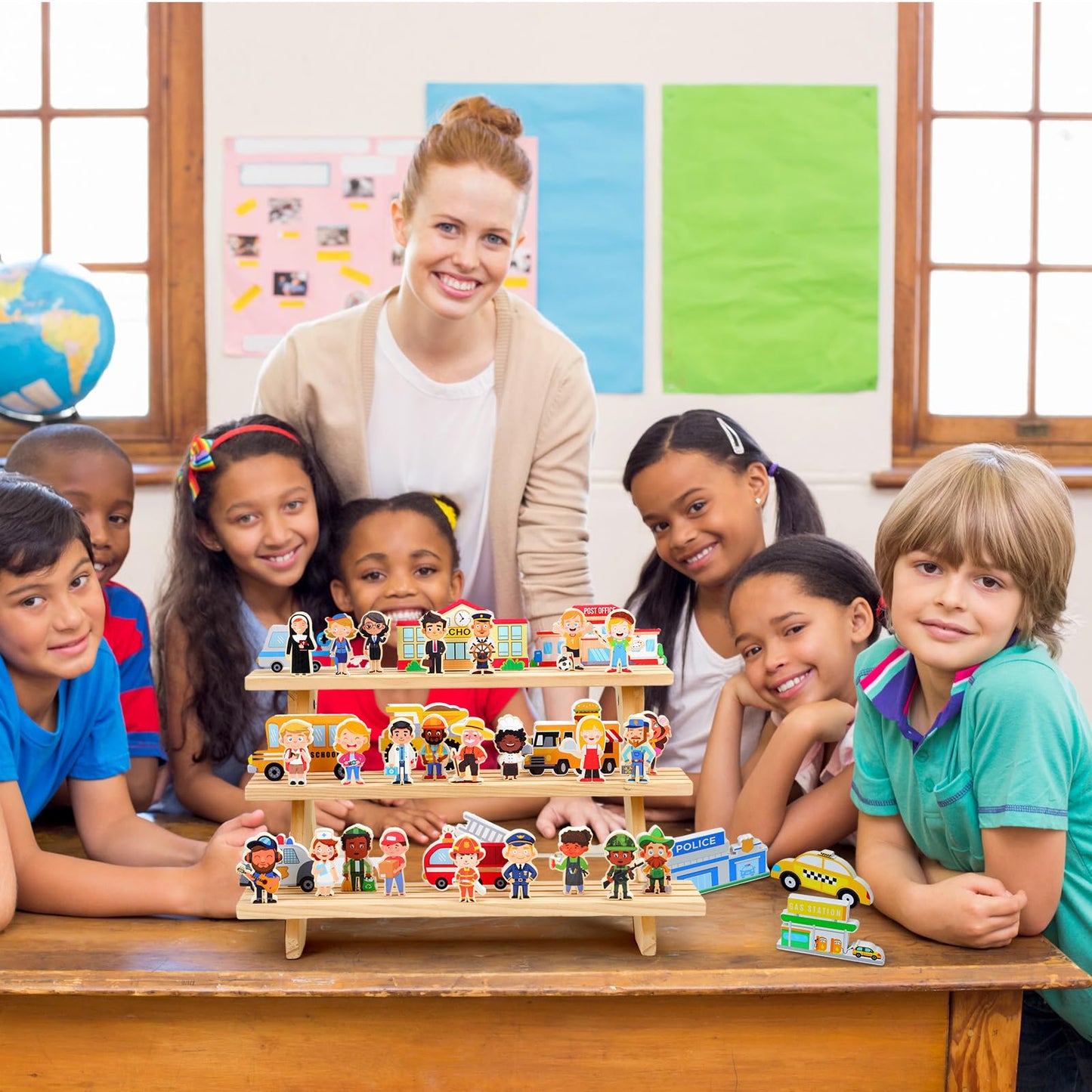 Gemscream 50 Pcs Wooden Community Helpers Pretend Play Set Community Includes Little Wooden People Buildings Cars Multicultural