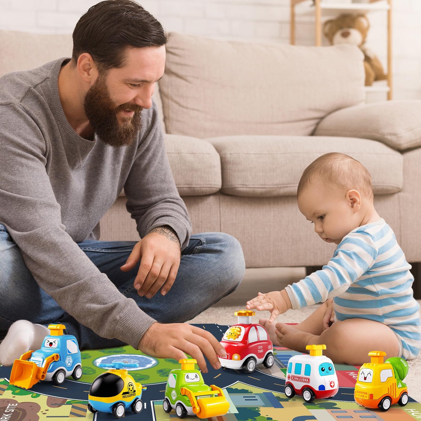Jukudahu Press Engineering Car Toy For Tollders Age 1 2 3 4 5 6 Years Old - Toy Figure Car With Play Map, Push And Go Friction C