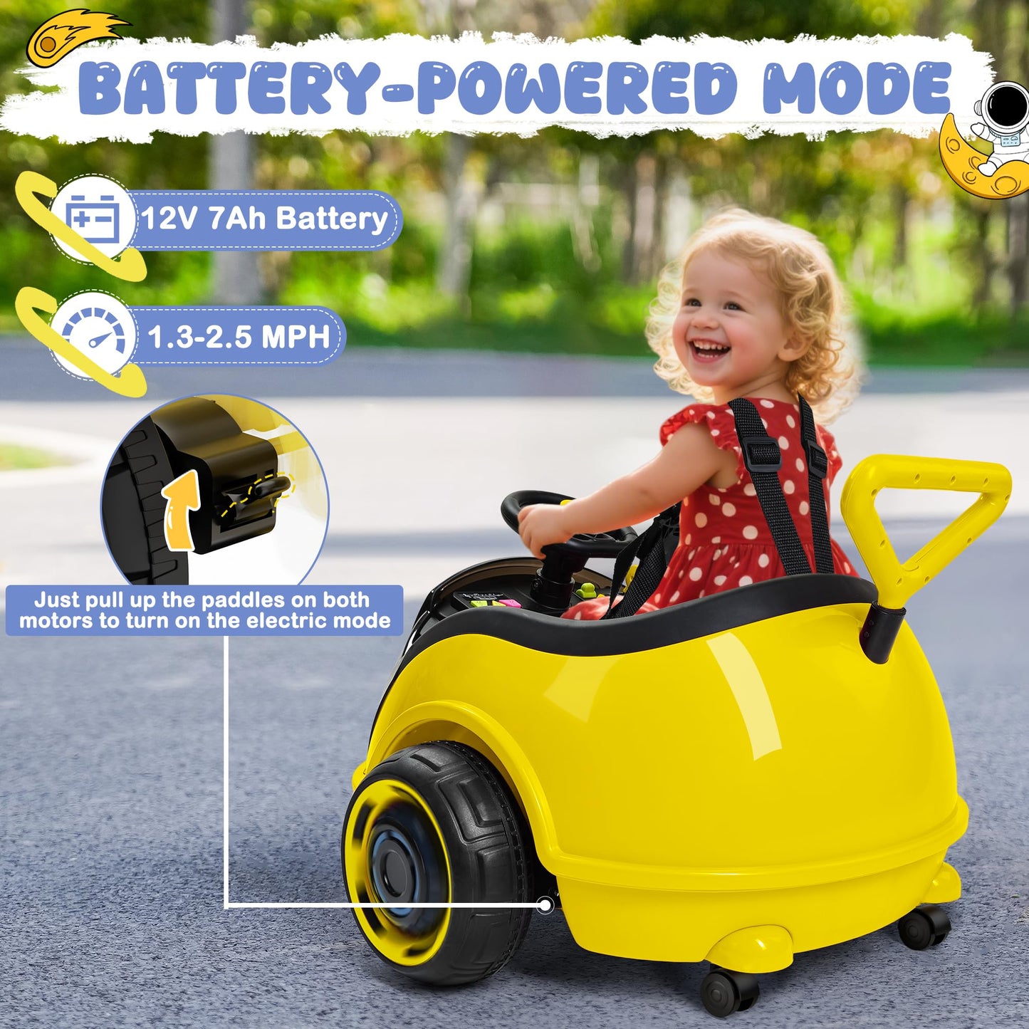 Anpabo 3-In-1 Electric Push Ride On Car, 12V Kids Ride On Toy W/Remote Control, 360 Spin, 5-Point Safety Belt, Colorful Led Ligh