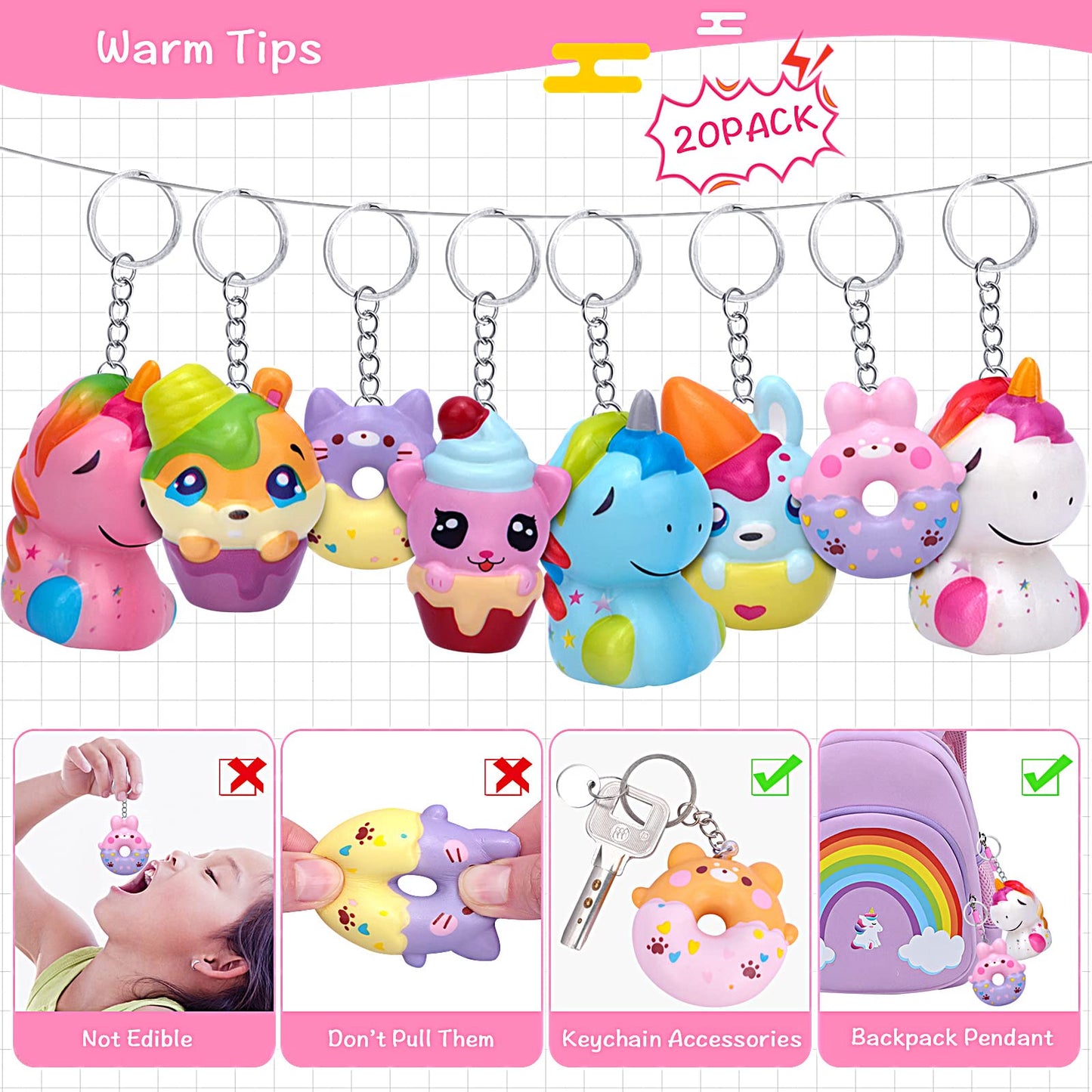 Pokonboy 20 Pack Jumbo Squishies Keychain, Cream Scented Slow Rising Squeeze Toys Unicorn Donut Animal Stress Relief Toys Easter Basket Stuffers Birthday Party Favor For Boys And Girls Age 3+