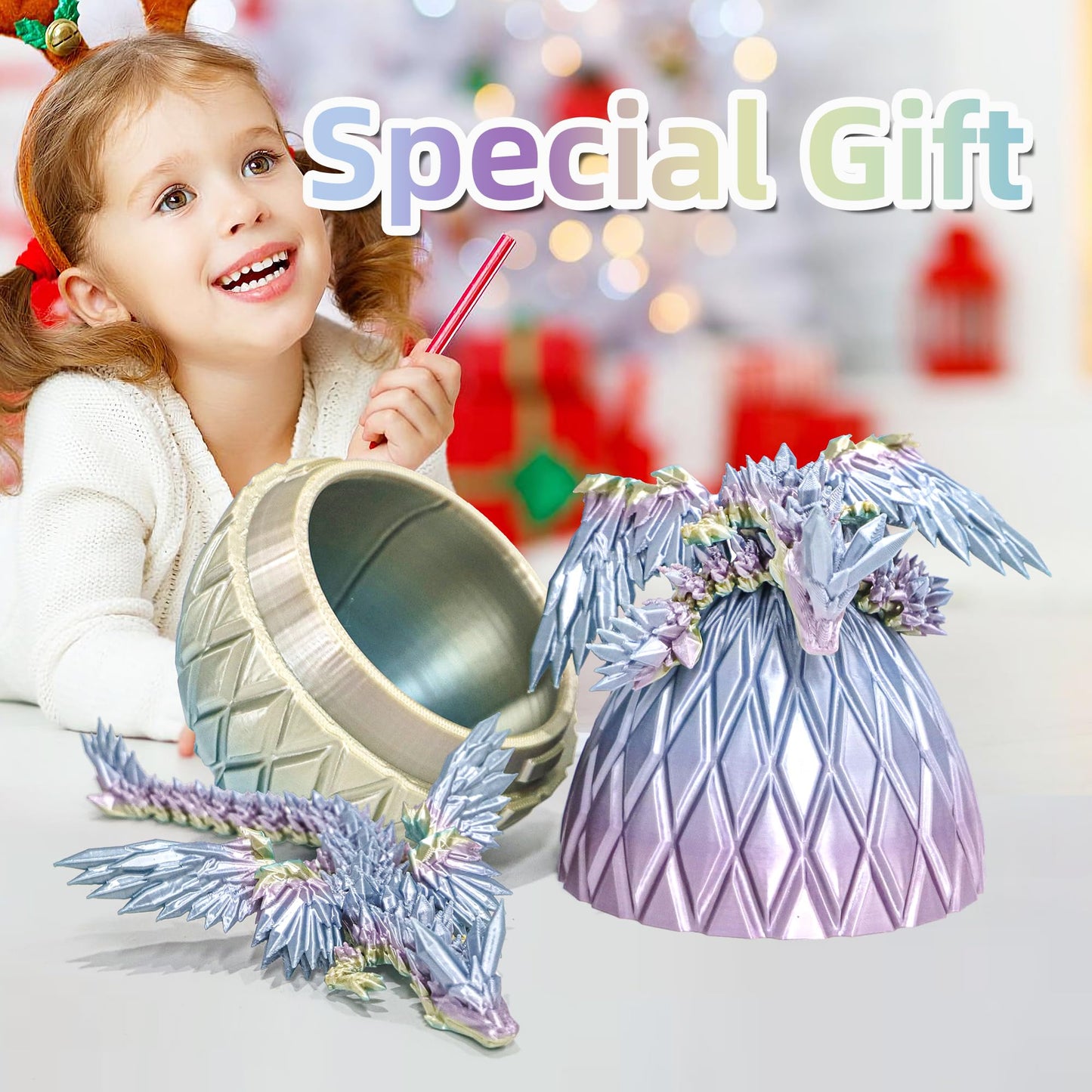 Flavery 3D Printed Flying Dragon Egg - 7" Winged Dragon in Mini Rainbow, PLA Crystal Animal, Model DE-832, Fidget Desk Decoration