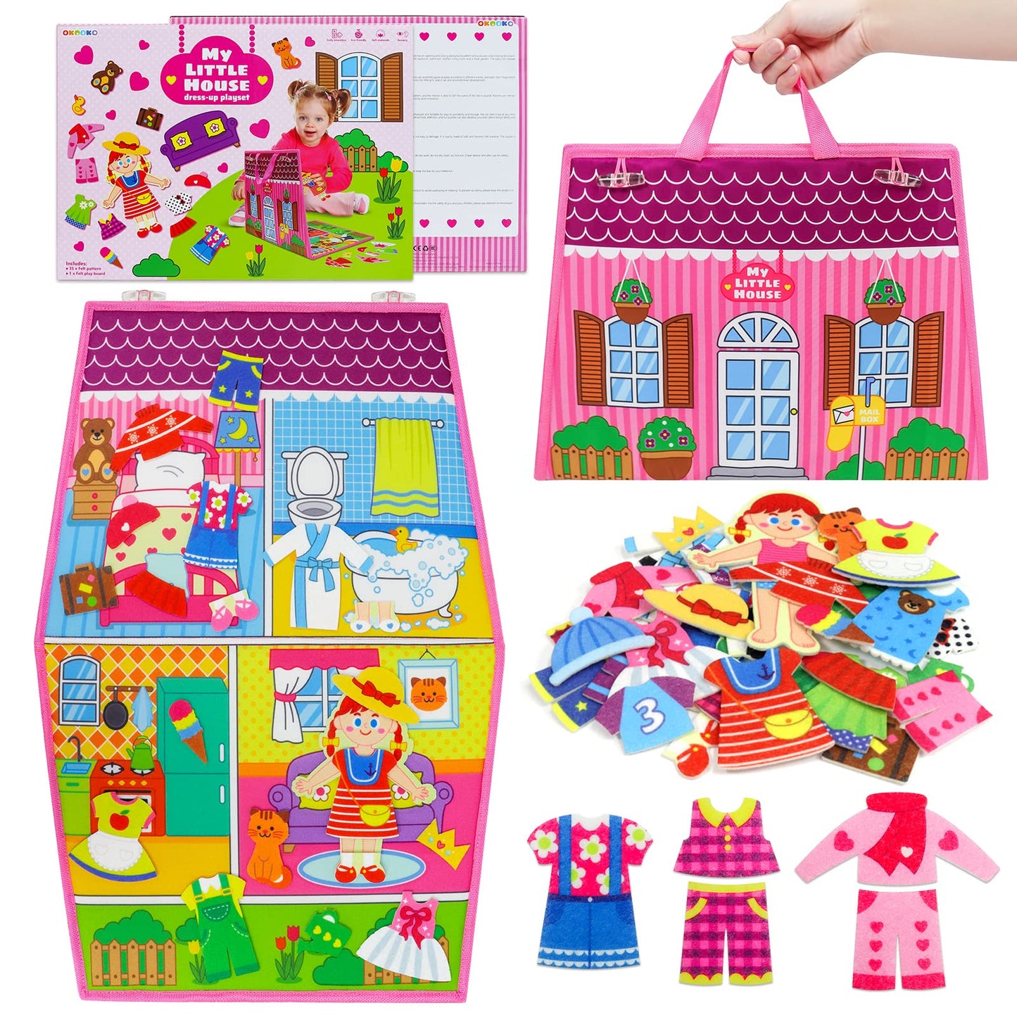 OKOOKO Dress Up House Felt Board 35PCS Double-Sided Foldable Dress Up Teaching Girls Toy Preschool Crafts Storytelling Early Lea