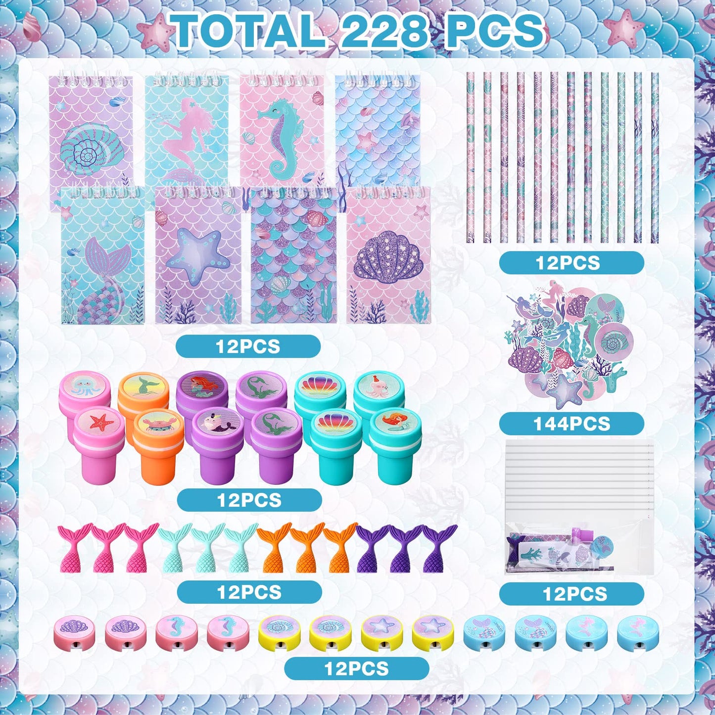 Faccito Mermaid Party Favors Mermaid School Stationery Set Class Reward Gift Notebooks Pencils Sharpener Erasers Stickers Sharpe