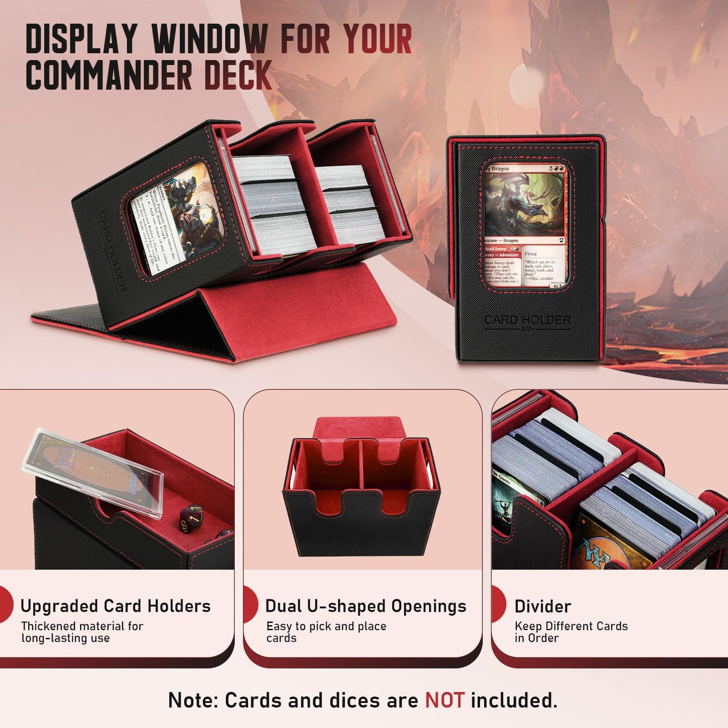 TiMOVO MTG Deck Box MTG Commander Card Deck Box with Commander Display & Dice Tray Fits 400+ Unsleeved Cards Leather Magnetic Card Storage Case with 6 Dividers for TCG CCG Magic Cards Black+Red