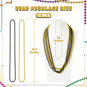 12 Pcs Mardi Gras Beads Bulk, New Year Beaded Necklaces, 33'' Blackgold Beads Graduation Beaded Stuff Set, Carnival Round Costum