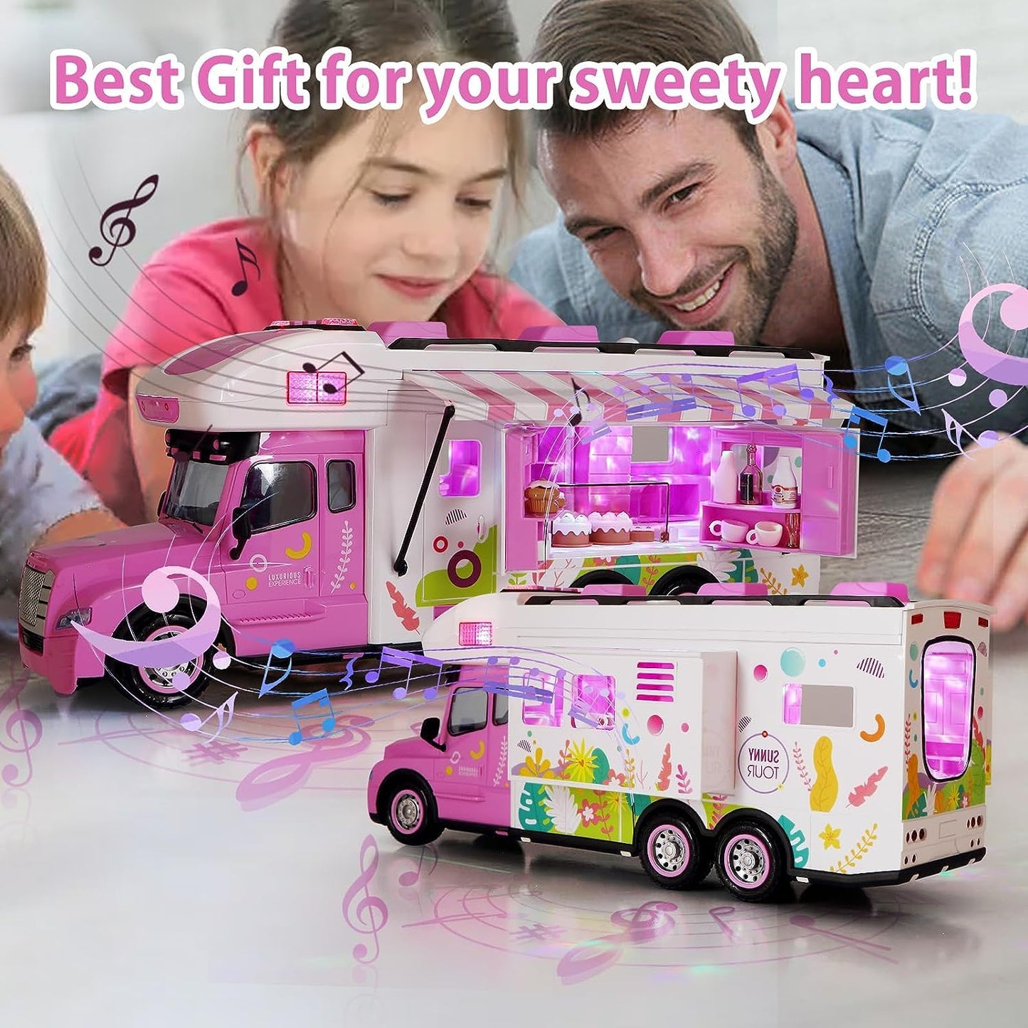Carox Remote Control Car for Girls Food Truck Toy Playset,Pink Remote Control Food Truck with Food Set, Dolls and Tableware Set,