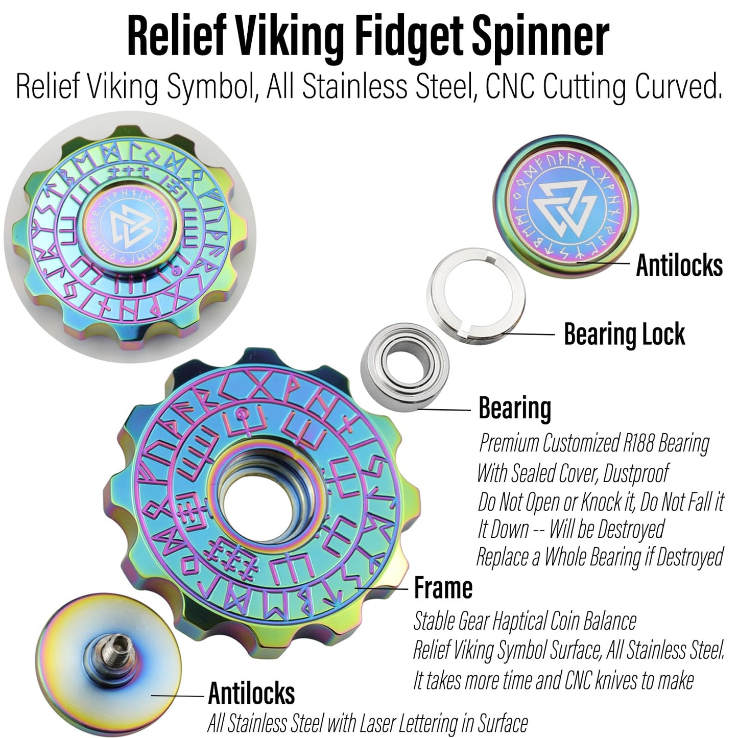 Freelove Viking Pirate Fidget Spinners For Adults, Heavy Metal Figette Spin, Premium Bearing, Silent Long Spinning, Small Gossip Desgin, Stainless Steel Rainbow