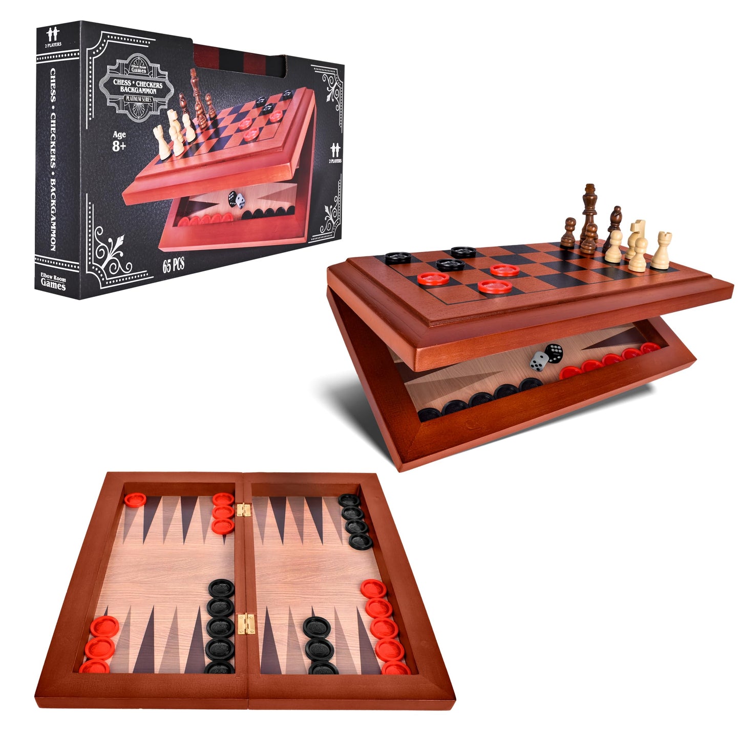 Elbow Room Games 3-in-1 Chess, Checkers & Backgammon Board Game Set - Portable, Folding Classic Strategy Games for Family Fun &