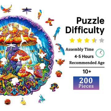 Jigfoxy Wooden Puzzles for mature-themeds Magical Mushrooms Wood Puzzles mature-themed Unique Animal Shape Wooden Jigsaw Puzzles Birthday Gifts for Puzzles Lovers Family Friend (M-11.4 * 11.4in-200pcs)