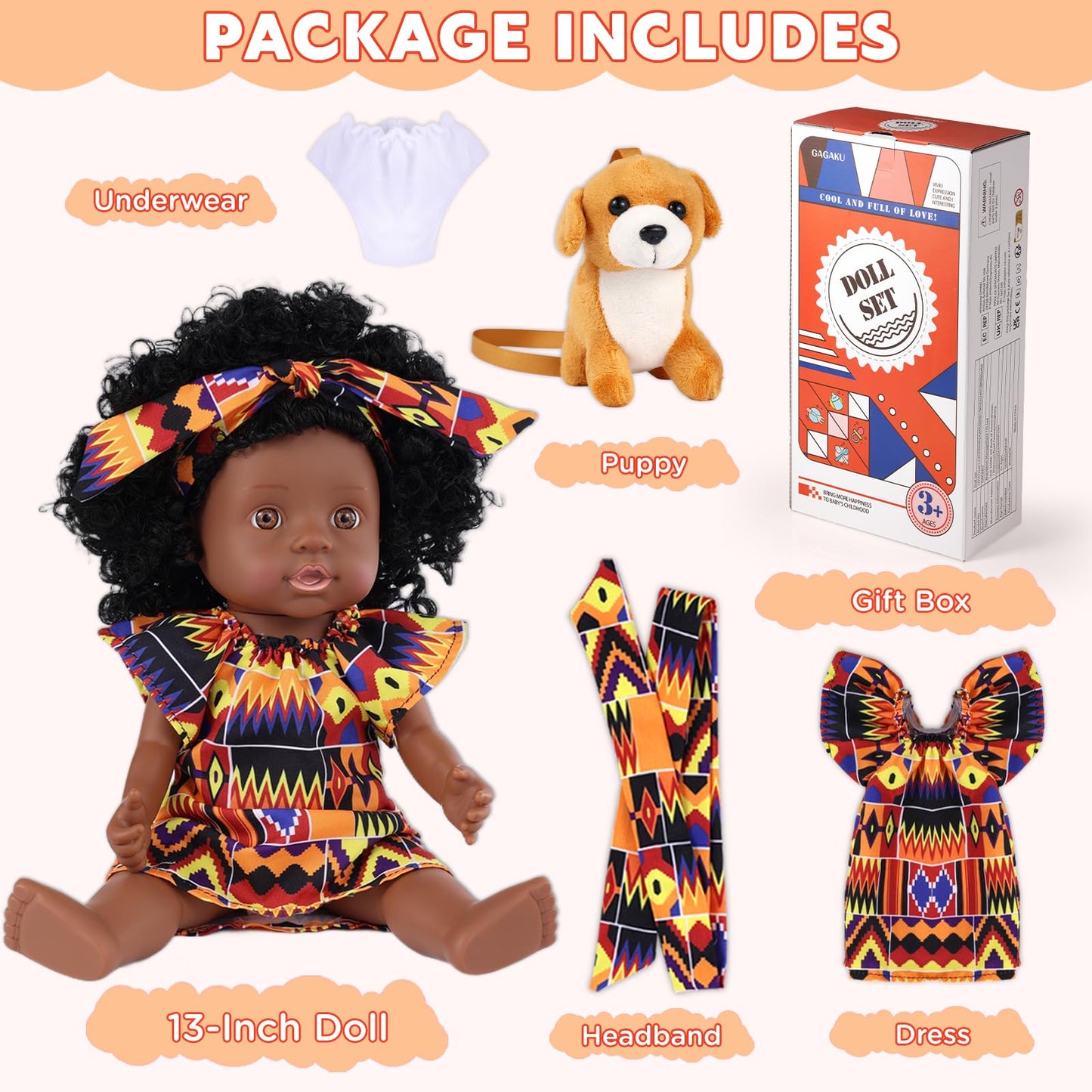 Gagaku Black Baby Doll,13 Inch Black Baby Dolls For 3 4 5 6 Years Old Girls With Curly Hair, Plush Pet Dogtoy,Small Baby Dolls F