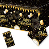 1PC Happy New Year Tablecloth, Disposable Black Gold NYE Party Tablecloth Decorations, Rectangular Plastic Happy New Year Table