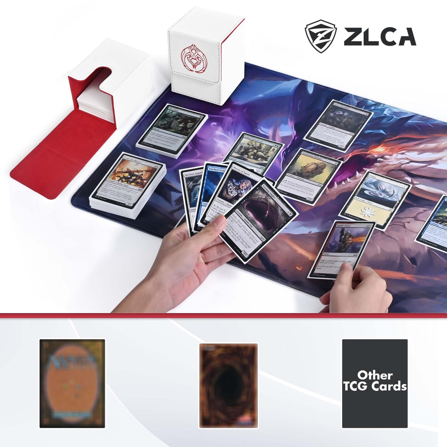Zlca Card Deck Box With 2 Dividers, Card Storage Case Fits 100+ Single Sleeved, Pu Leather Tcg Case Holder For Magic Commander Y