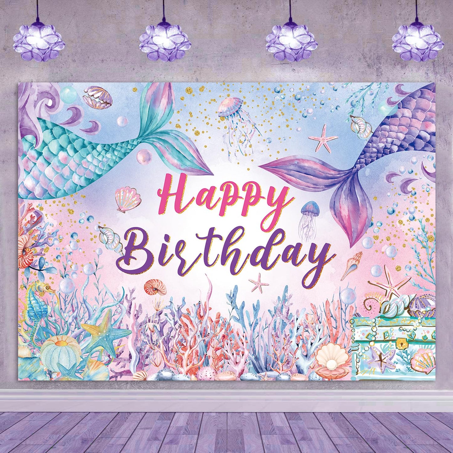 Mermaid Happy Birthday Backdrop Fish Tail Coral Decoration Banner Marine Biological Background for Princess Girl Mermaid Theme B