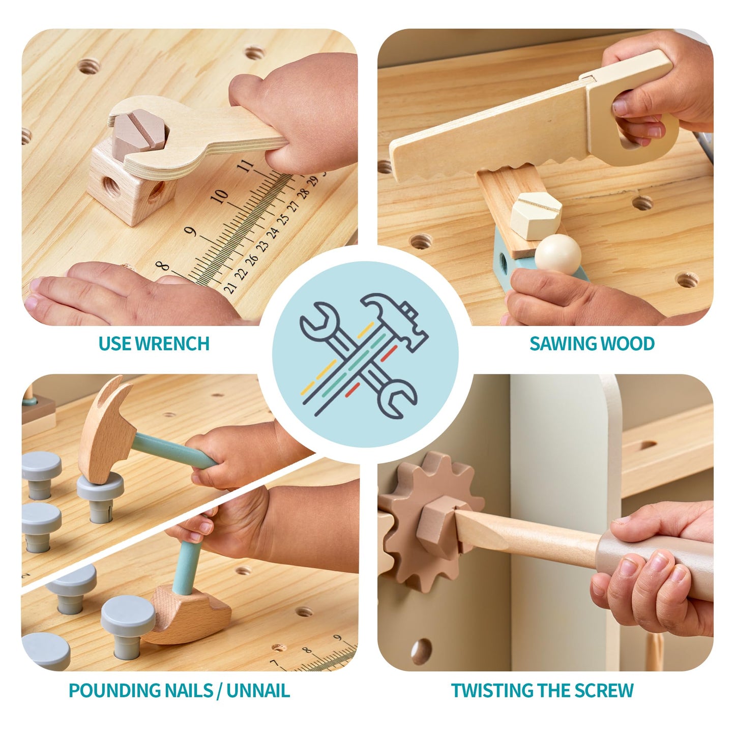 Kids Tool Bench,Wooden Play Tools Set with Kids Tool Belt Toddlers Workbench Pretend Construction Tools Set Wooden Toy Drill Gif