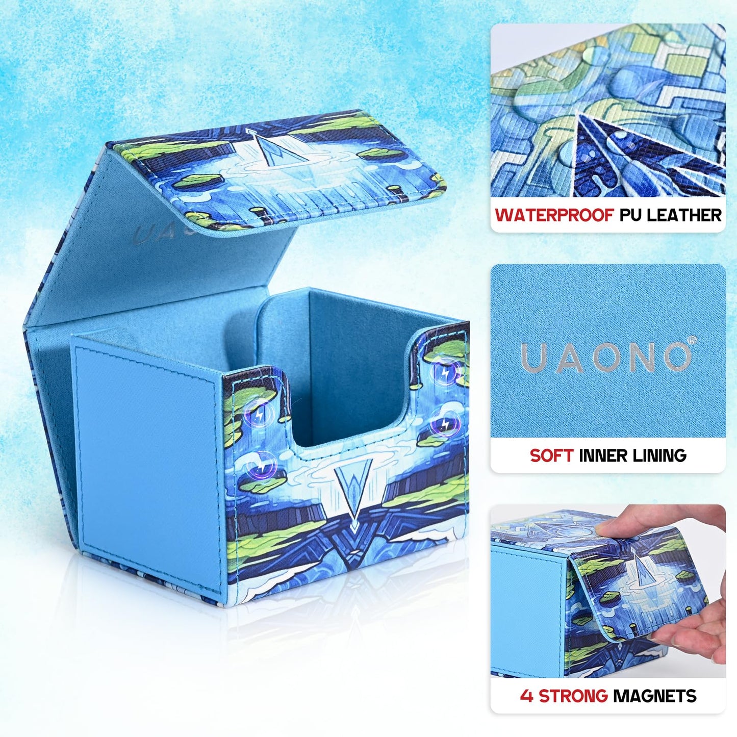 Uaono Deck Box For Mtg Cards, Trading Card Storage Box Holds 120+ Sleeved Commander Deck, Pu Leather Card Box Suits Tcg Magic Cards With 2 Dividers (Blue,Drop)