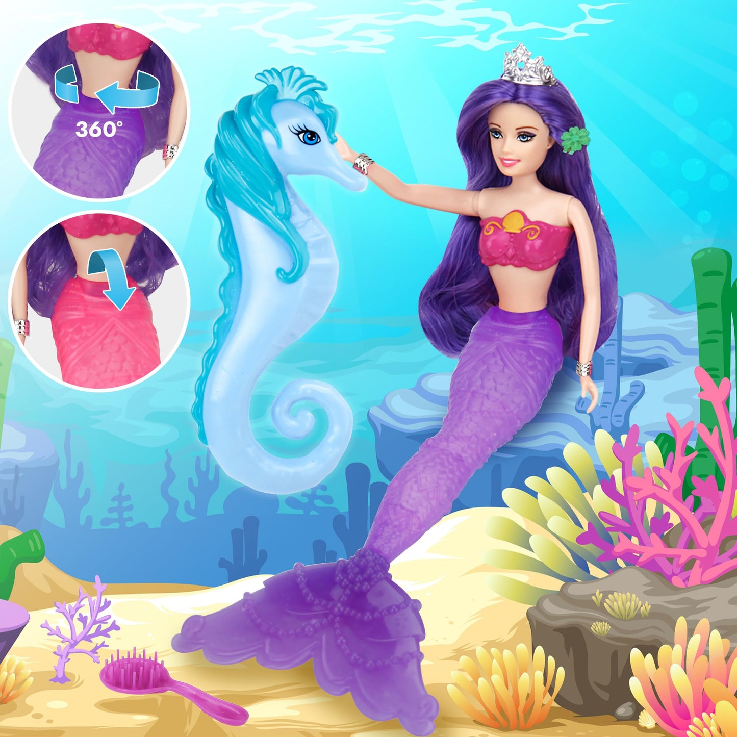 Bettina Color Change Mermaid Doll Playset, Mermaid Princess Doll With Color-Changing Tail, Mermaid Toys With Seahorse & Accessories, Purple Hair