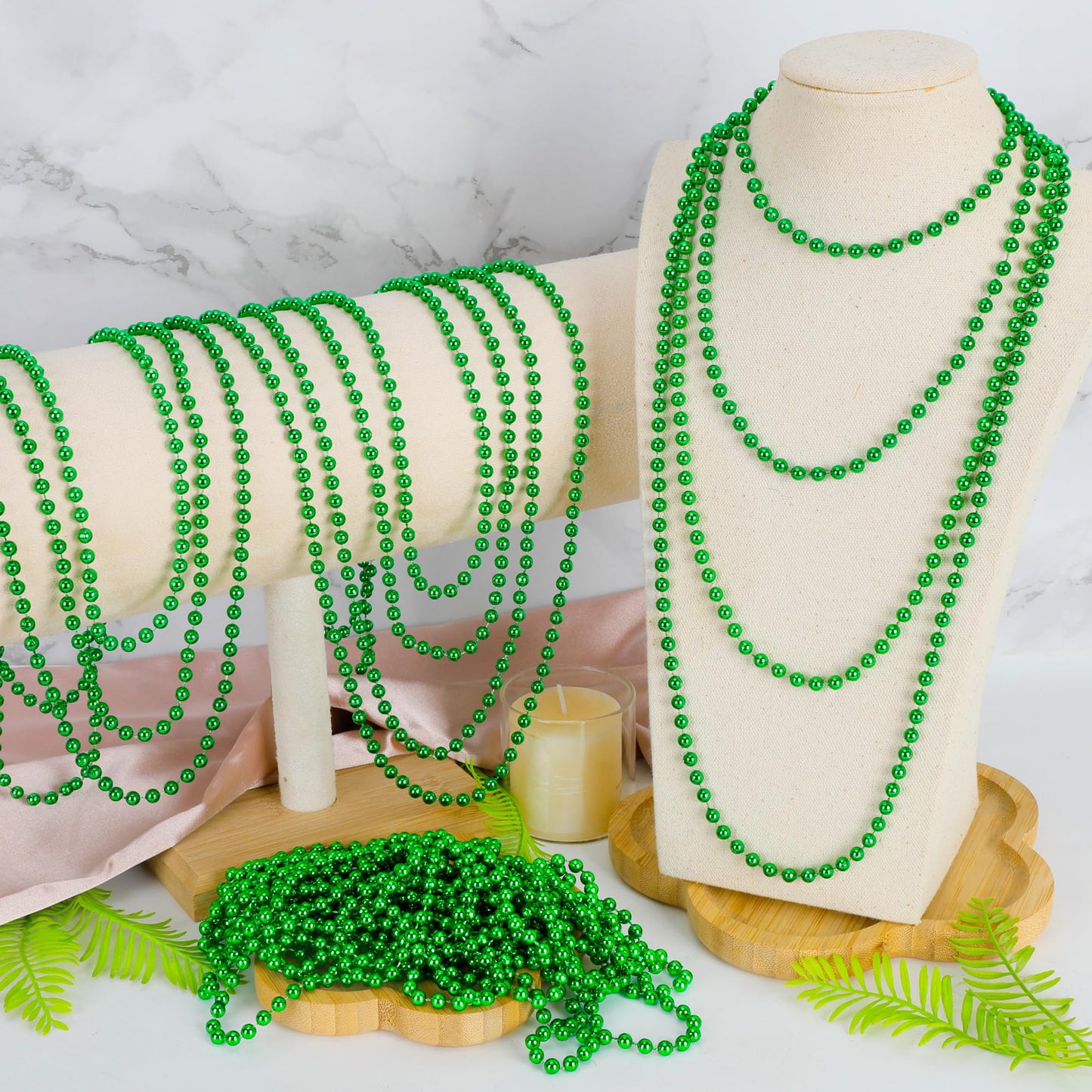 100 Pcs St Patricks Day Beads Necklace, Mrdi Gras Beads Bulk, 33 Inches Round Beads Necklace Accessories Set, Luck Irish Beads P