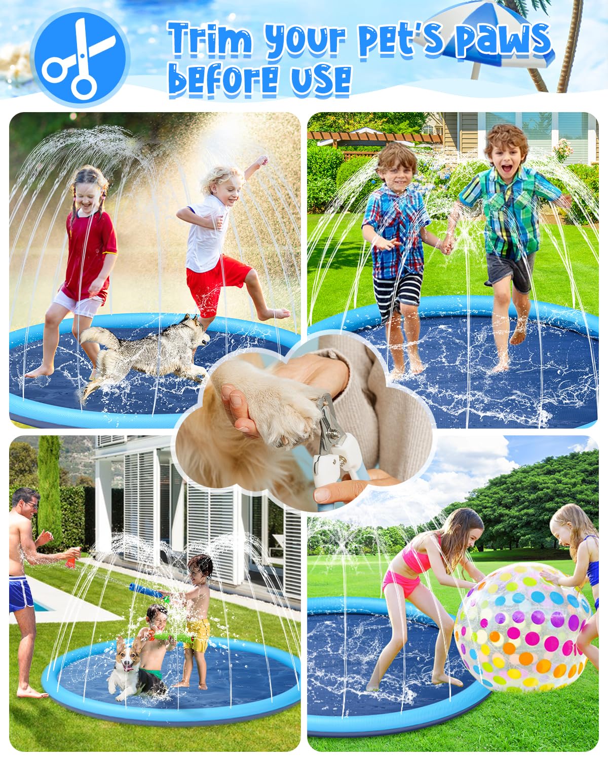 Ysjilide Non-Slip Large Sprinkler Splash Play Mat,Splash Pad For Kids And Dog (Blue, Xl-68)