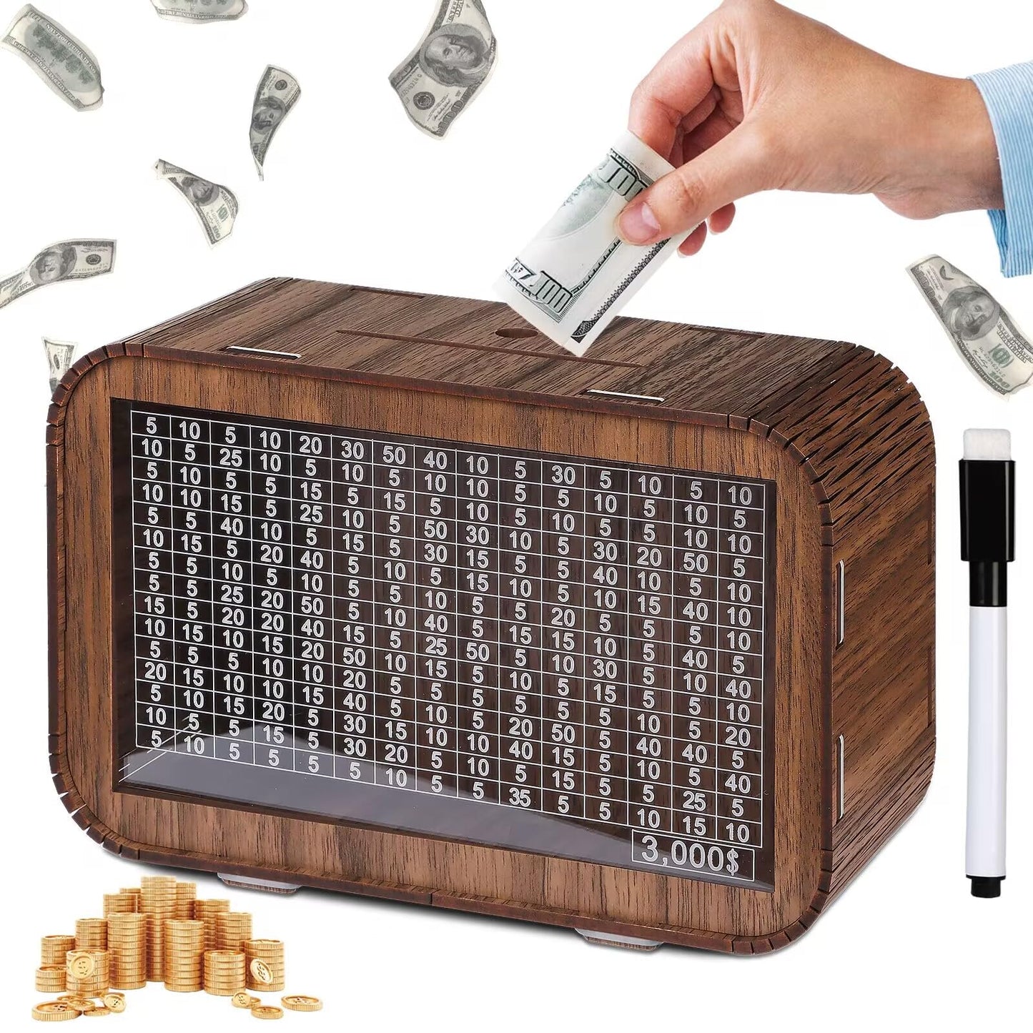 Giftota 3000 Piggy Bank For Adults Kids - Fully Assembled Wooden Money Saving Challenge Box - Money Bank With Counter And Dry Er