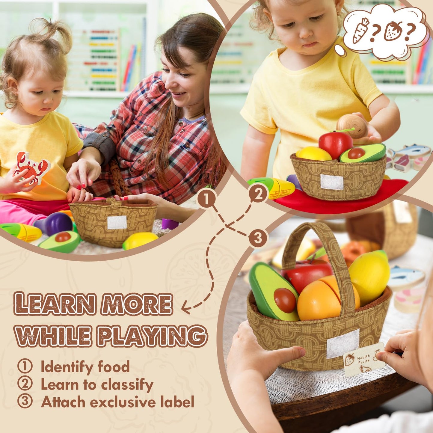 Lehoo Castle Wooden Play Food for Toddlers, Pretend Play Kitchen Accessories, 4 Food Groups, Montessori Sorting Toys for Toddler