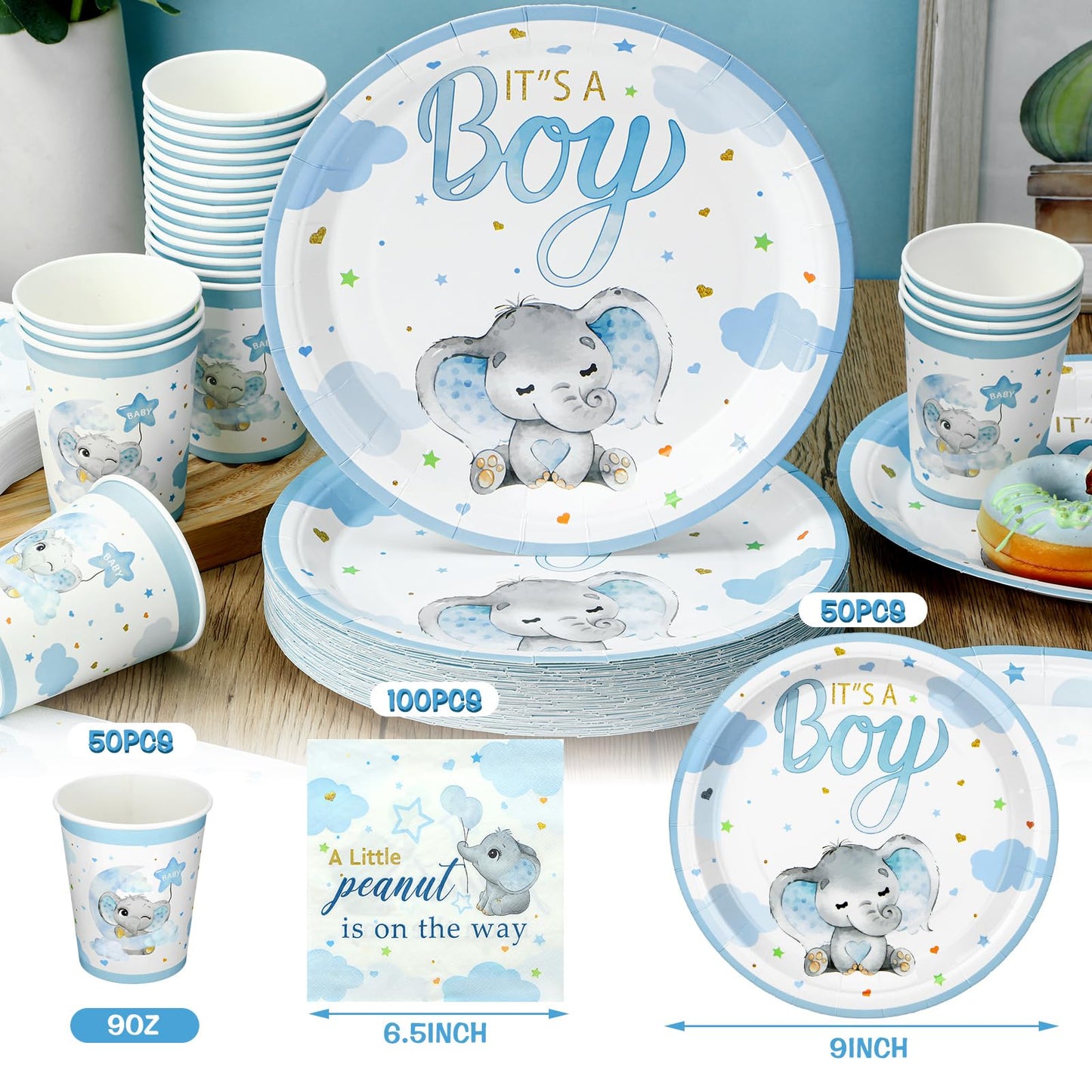 200 Pcs Blue Elephant Baby Shower Paper Plates Napkins Cups Its A Boy Baby Shower Party Supplies Tableware Set Elephant Disposab