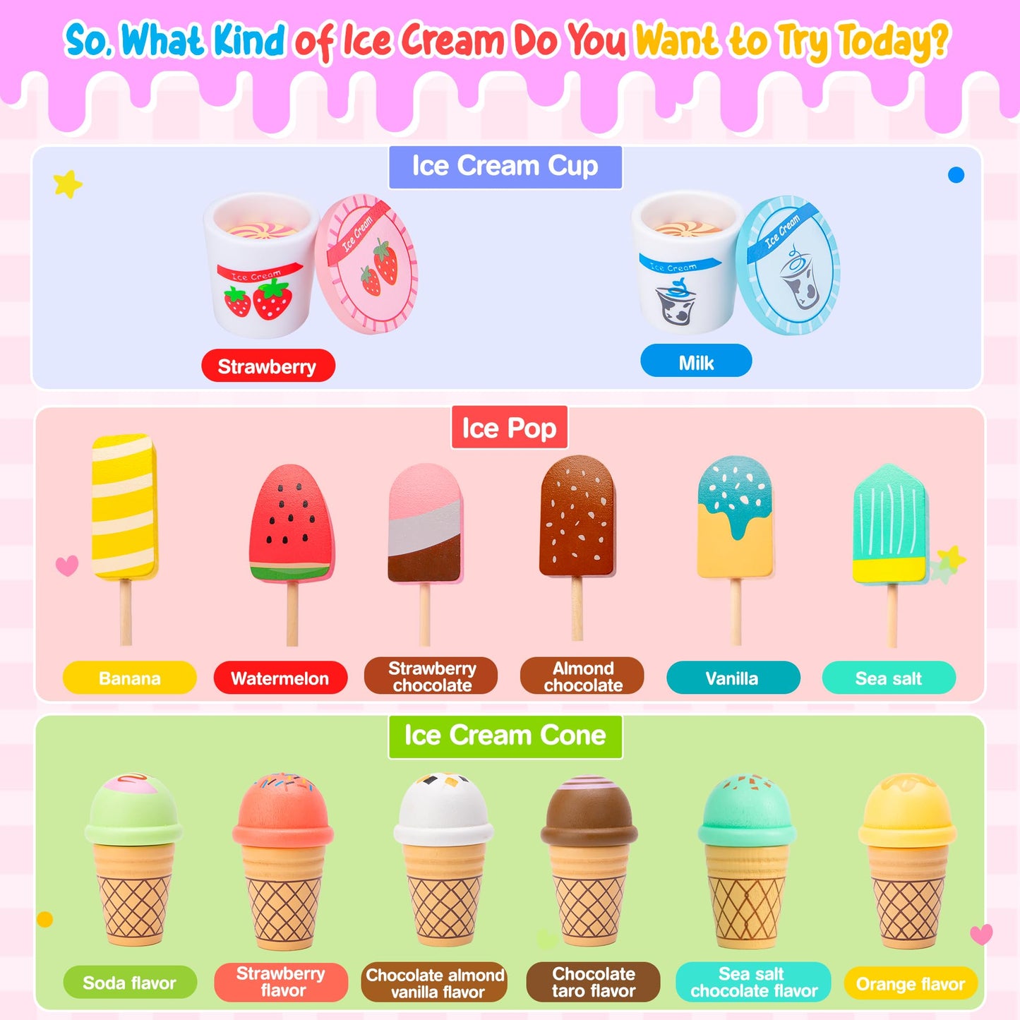 Meland Ice Cream Toy - Wooden Ice Cream Play Set With Aprons, Kids Toys For Toddlers Pretend Play, Toys For Girls Boys 3 4 5 6 7
