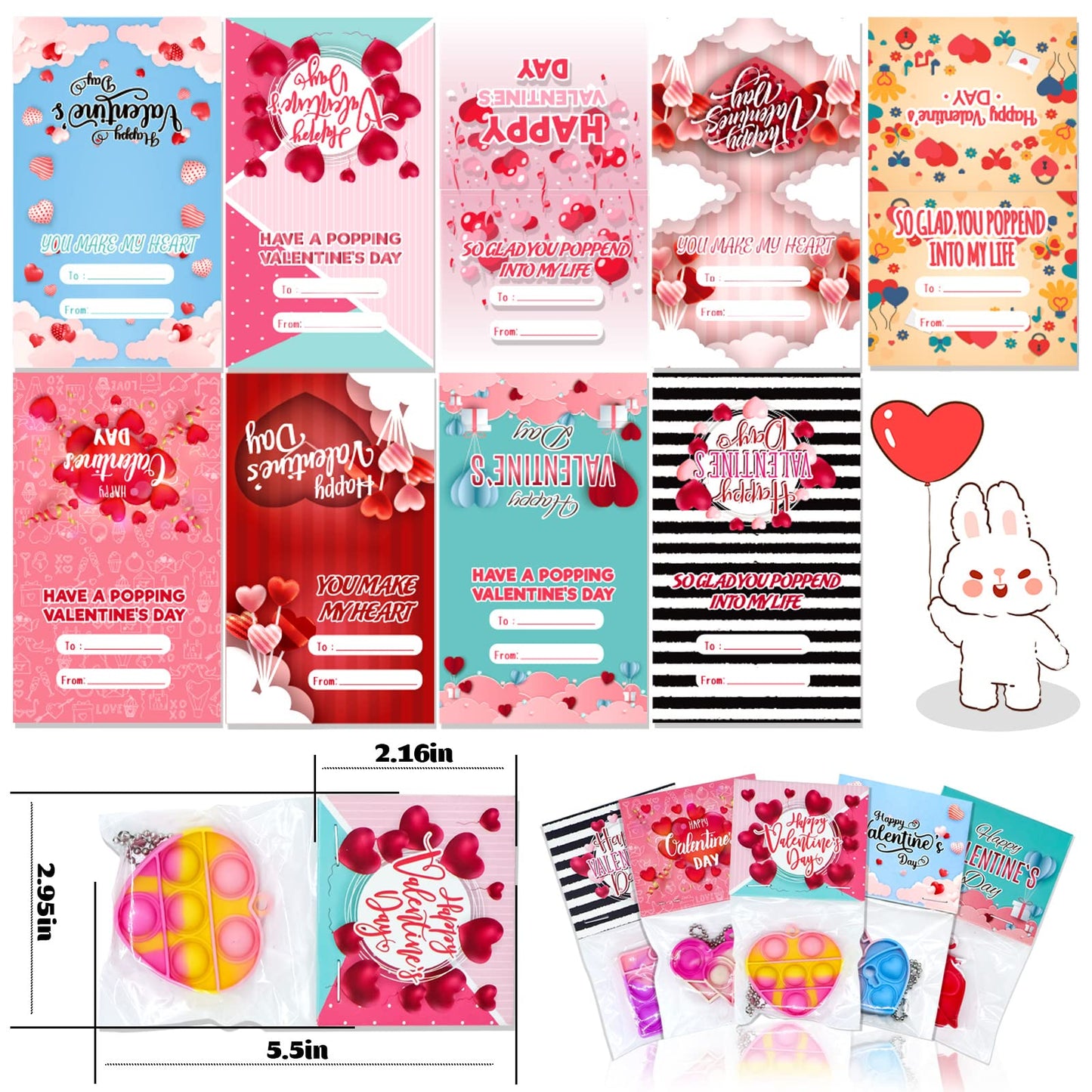 90Pcs Prefilled Cards With Pop Fidget Toys Bulk-Valentines Day, Valentine Exchange For Classroom, School Party Favors For Kids,