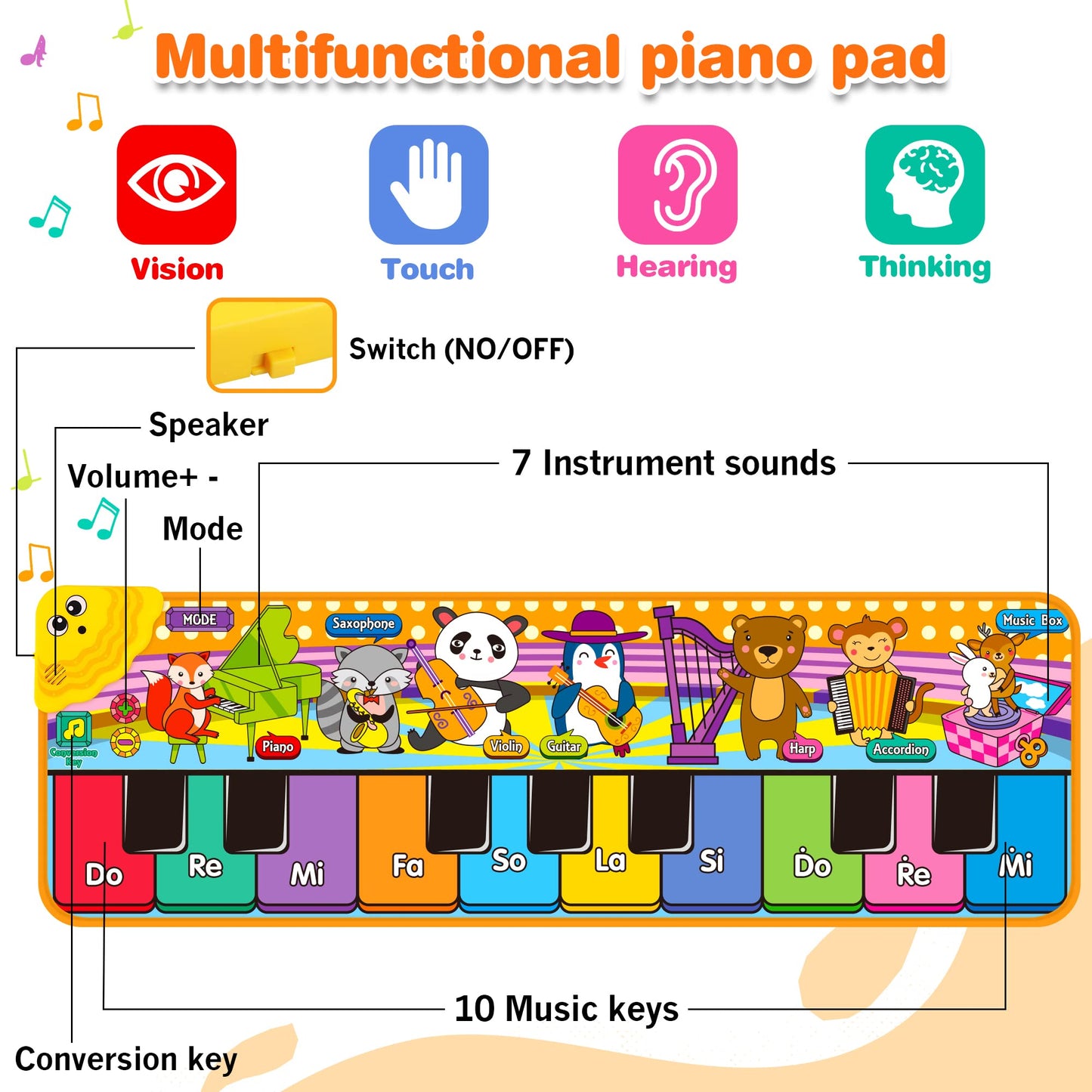 Kids Musical Piano Mats With 25 Music Sounds, Musical Toys Baby Floor Piano Keyboard Mat Carpet Animal Blanket Touch Playmat Early Education Toys For 1 2 3 4 5 6+ Years Old Girls Boys Toddlers