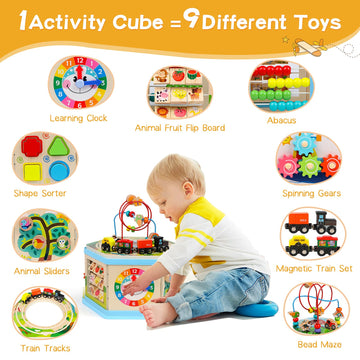 FOPNETS Wooden Activity Cube 9-in-1 Montessori Toys for Toddlers 1+ Years - Educational Learning Gift Bead Maze & Shape Sorter