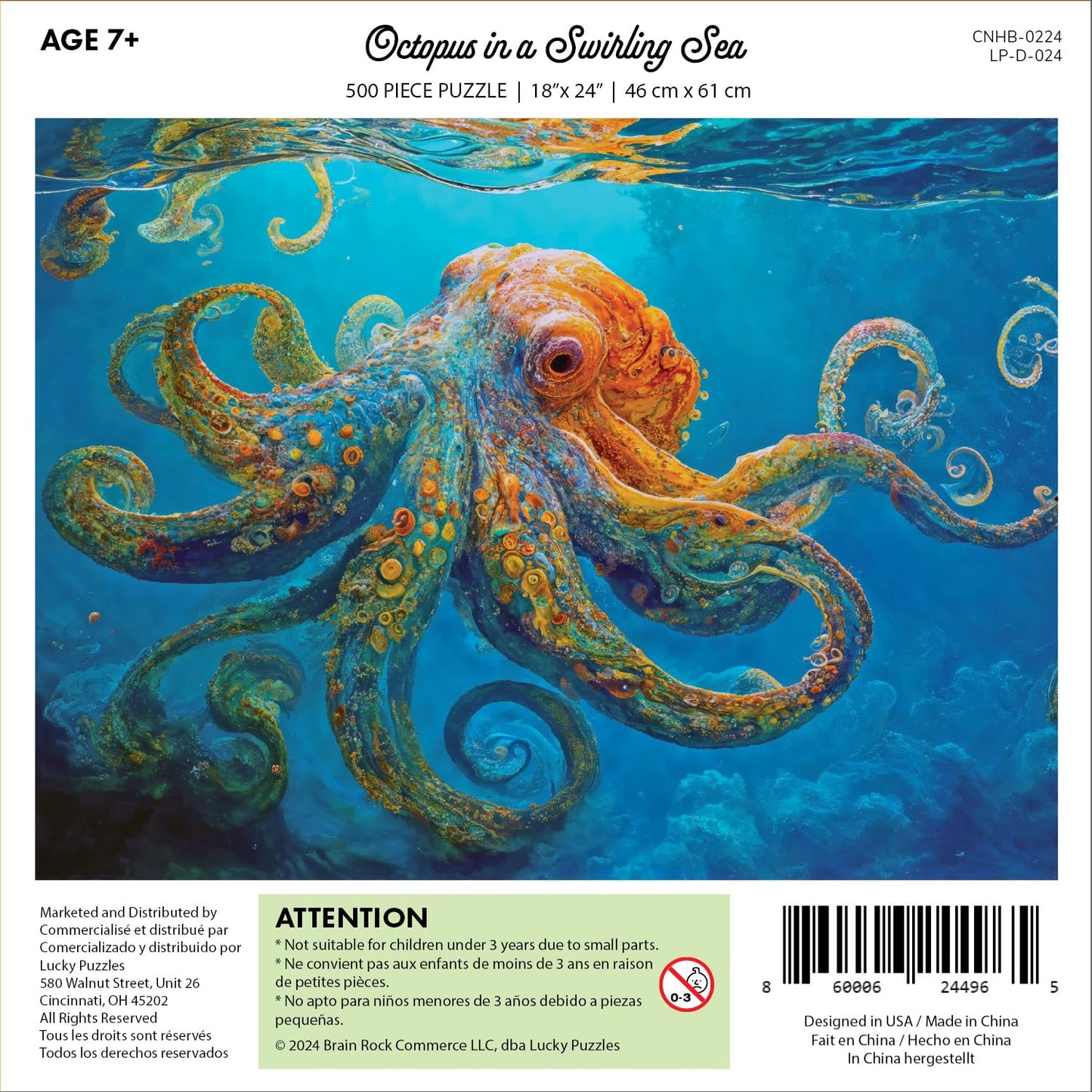 Lucky Puzzles Octopus in a Swirling Sea | 500 Piece Jigsaw Puzzle for Adults | Best New Marine Artwork Puzzle | Unique Brain Tea