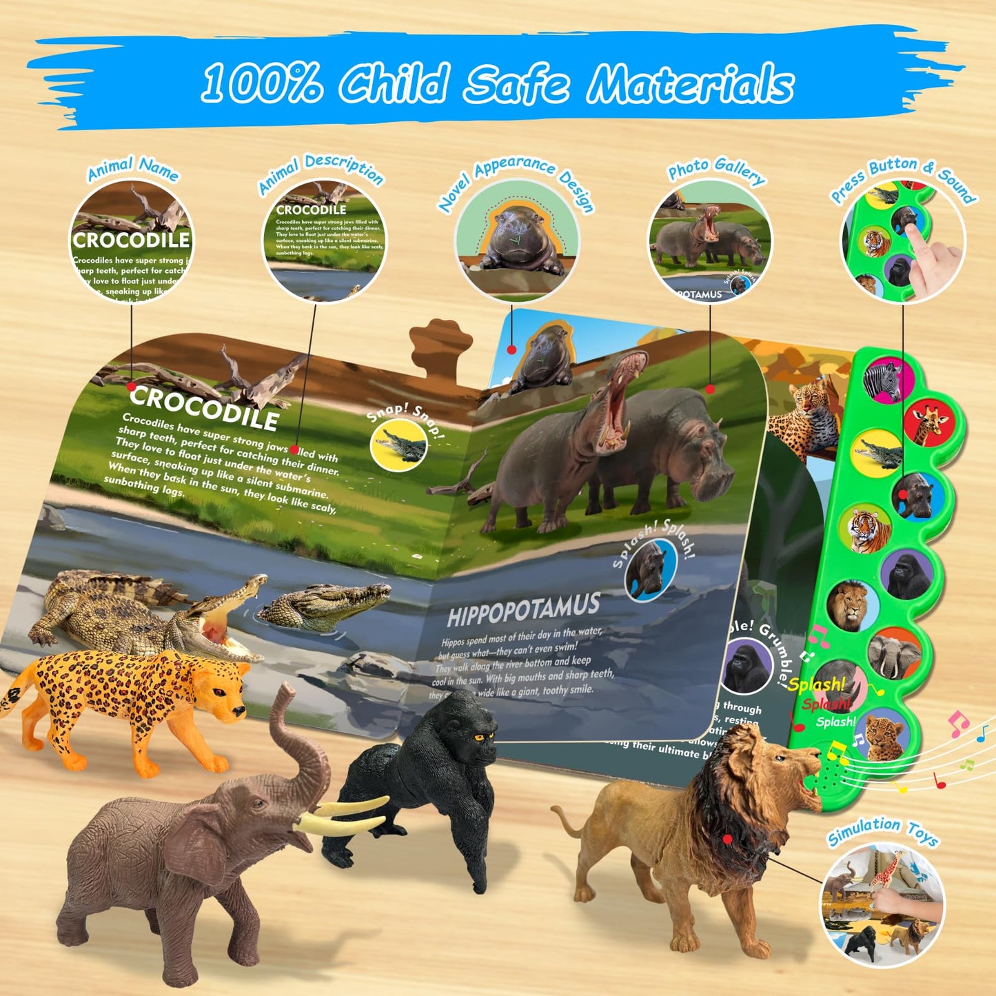 Igratens Safari Animals Figures Toys With Sound Books, 10Pcs Realistic Jungle Animals Figures & Safari Animals Book With 10 Butt