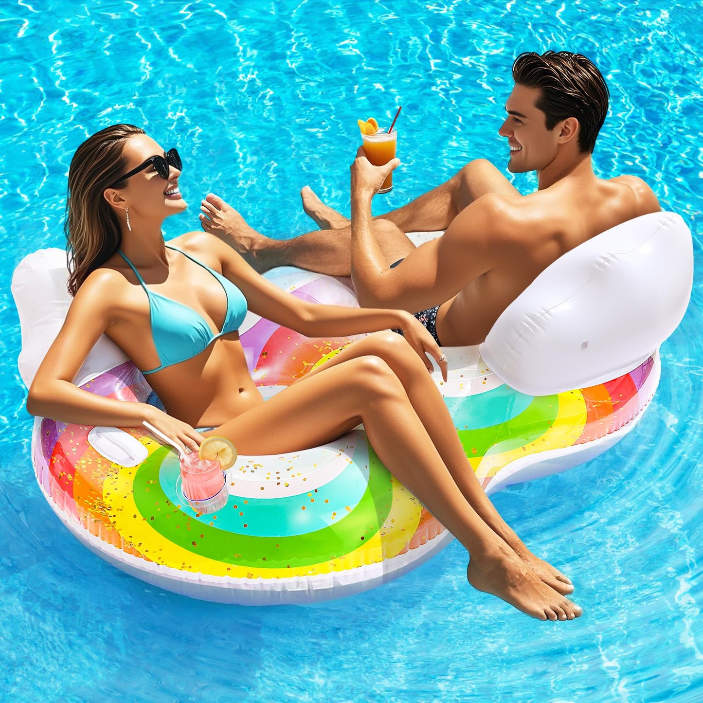 Heysplash Pool Floats Adult, 2 Seat Inflatable Rainbow Float With Cloud Backrests And Handles, Pool Float With Cup Holders For F