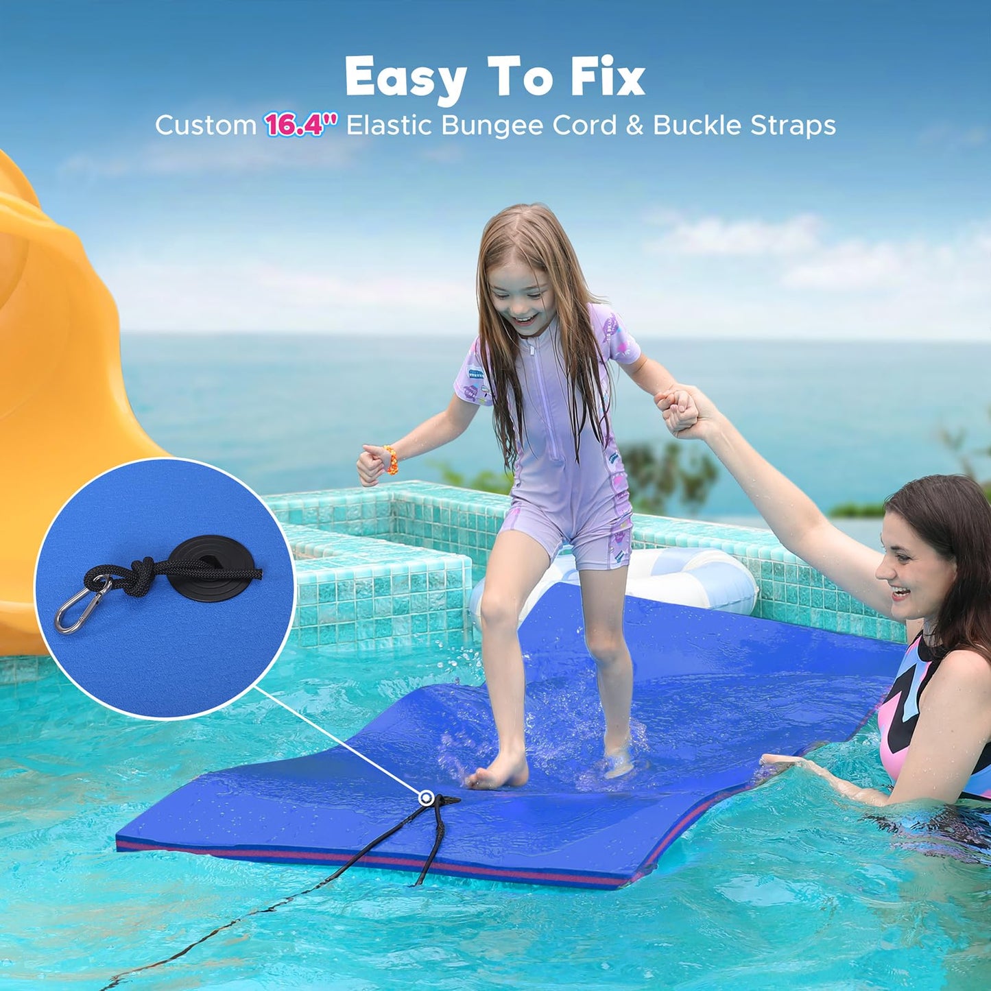 Warmounts Floating Water Mat, 7' X 3' Lily Pad Floating Mat, 3-Layer Tear-Resistant Xpe Foam Water Mat With A 16.4'' Bungee Teth