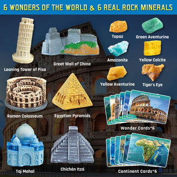 Ancient Wonders Dig Kit, Excavate 6 Famous Landmarks Figurines & 6 Rocks, With History Learning Cards, Wonders Of The World Toy