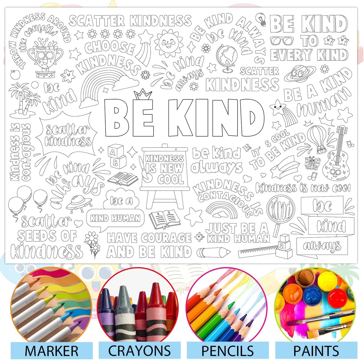Naozinebi Be Kind Coloring Poster For Kids Giant Coloring Poster Large Positive Coloring Tablecloth Jumbo Coloring Books For Kid