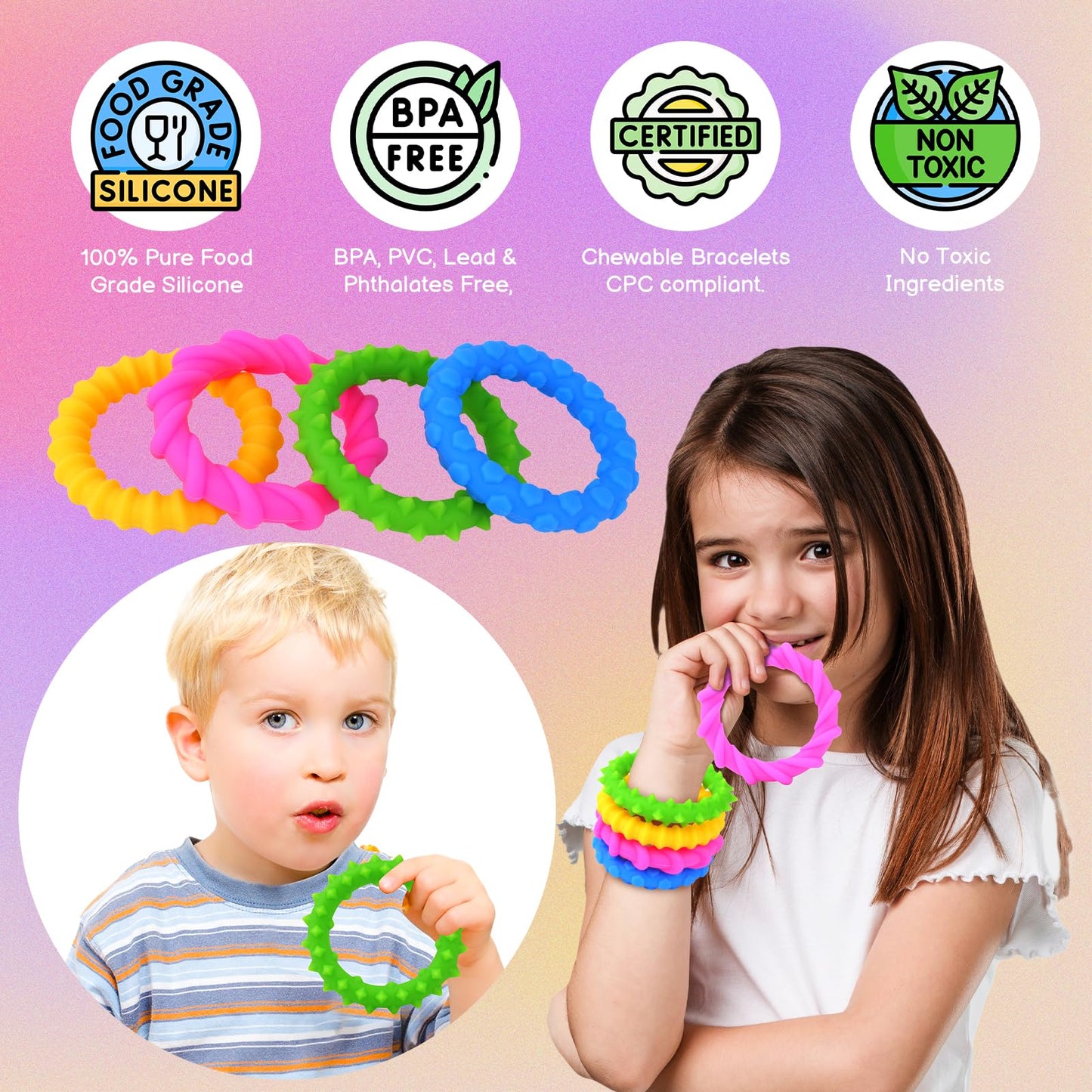 SMALL FISH Sensory Fidget Toys for Kids - 4 Pack Chew Rubber Bracelets, Calming Anxiety Toys, Perfect for Classroom & Gifts