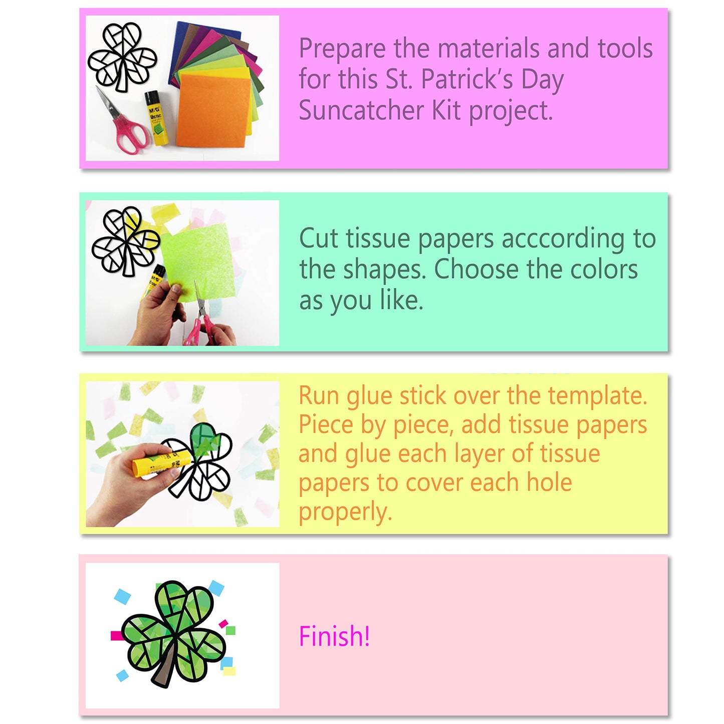Vhale Suncatchers Craft 3 Sets (9 Cutouts) W Tissue Papers Stained Glass Effect Paper Sun Catcher Kit, Window Art, Classroom Crafts, Creative Art Projects, Kids Party Favors (St. Patrick'S Day)