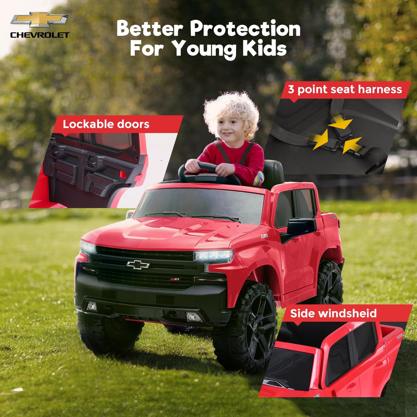 FUNTOK Licensed Chevrolet Silverado Ride On Pickup Truck, 12V Electric Car for Kids w/Parent Remote Control, Truck Bed Storage,